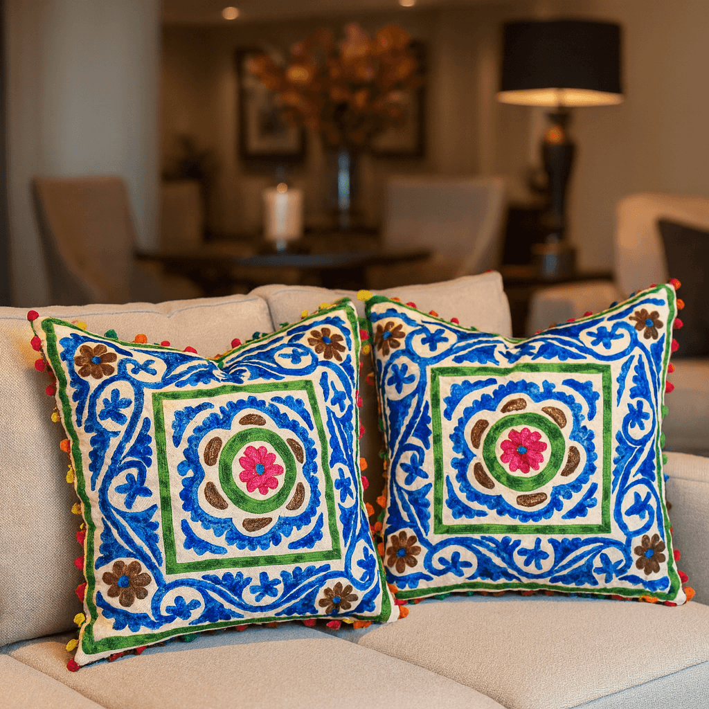 Vintage Inspired Hand-Embroidered Suzani Cushion Cover | 16" x 16" | Boho Floral Accent