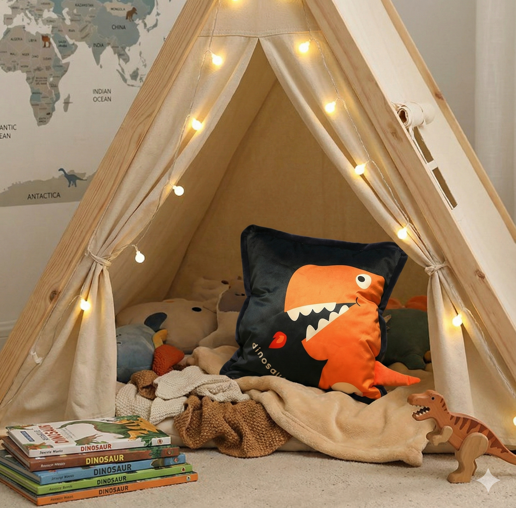 Navy blue dinosaur cushion sitting inside a cozy nursery reading nook or play tent, surrounded by soft pillows and a nightlight.
