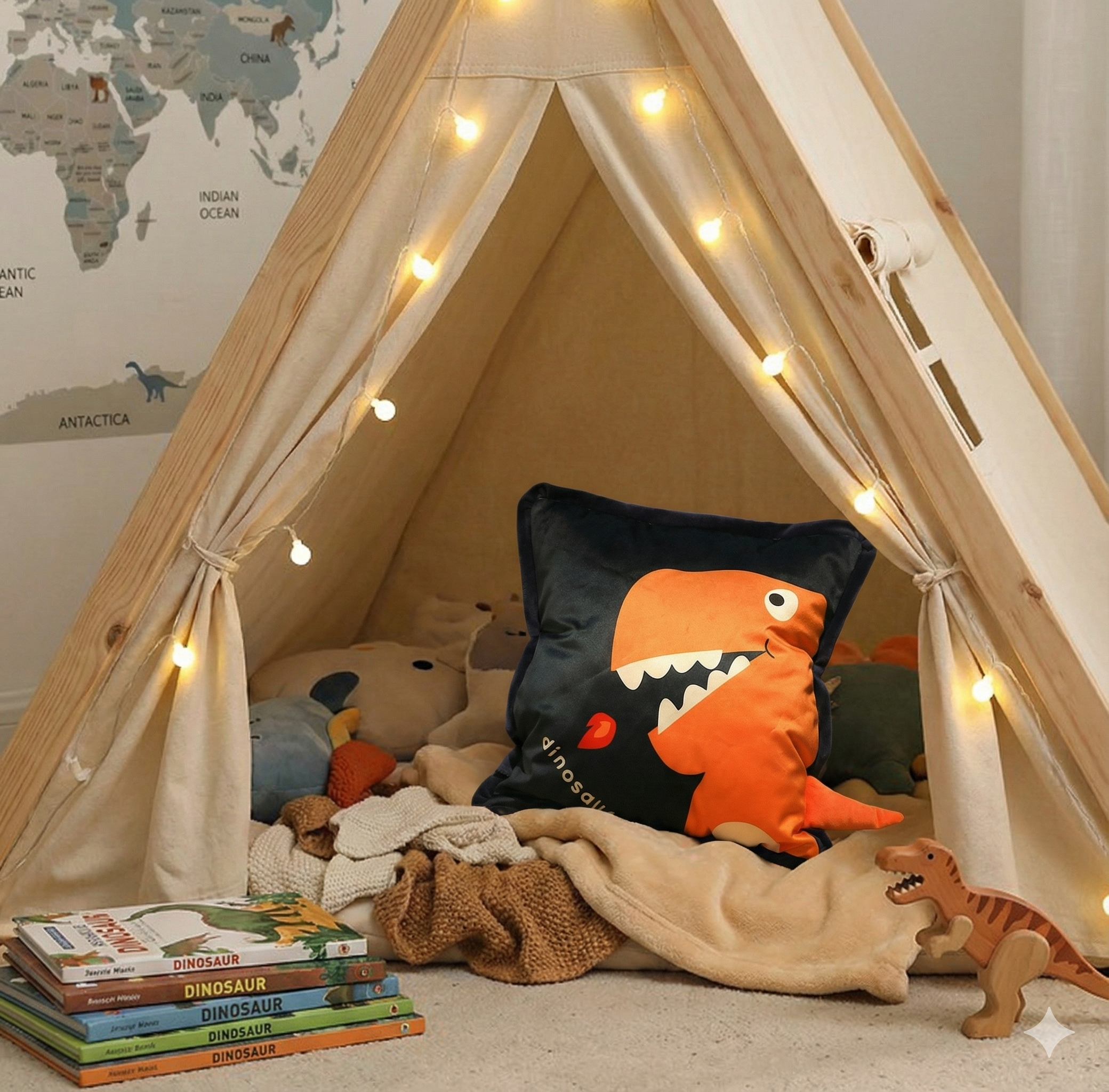 Navy blue dinosaur cushion sitting inside a cozy nursery reading nook or play tent, surrounded by soft pillows and a nightlight.