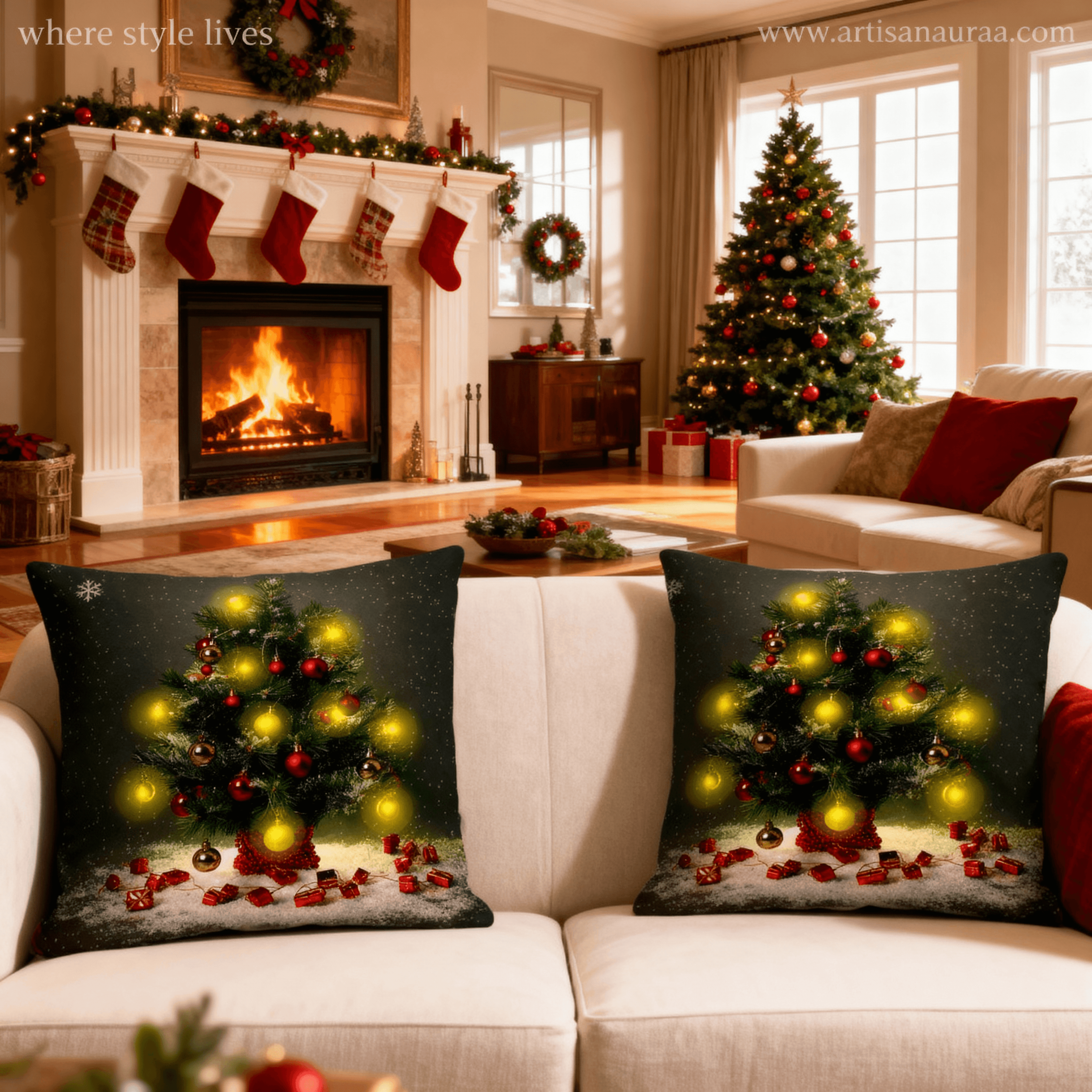Glowing Christmas Tree Cushion Cover – 18 x 18 Inch – Festive Lights & Gift Boxes Design