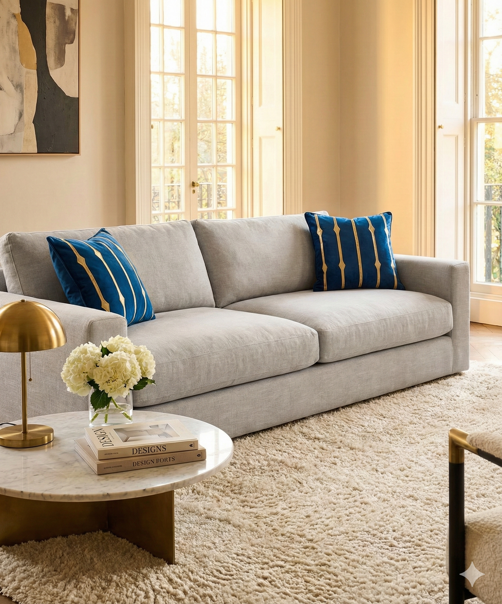 Bright royal blue velvet and gold stripe pillows styled on a light grey sofa in a sunny, modern living room.