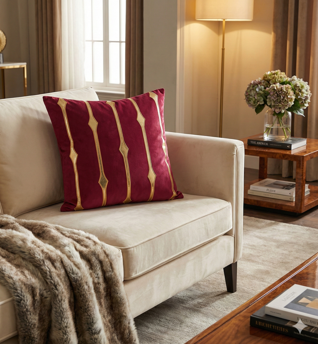 Burgundy velvet and gold stripe pillow styled on a cream velvet armchair with a fur throw in a cozy corner.
