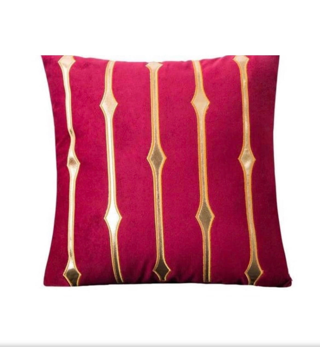 Front view of the Merlot Diamond Line cushion cover in deep burgundy velvet with vertical metallic gold jeweled stripes.