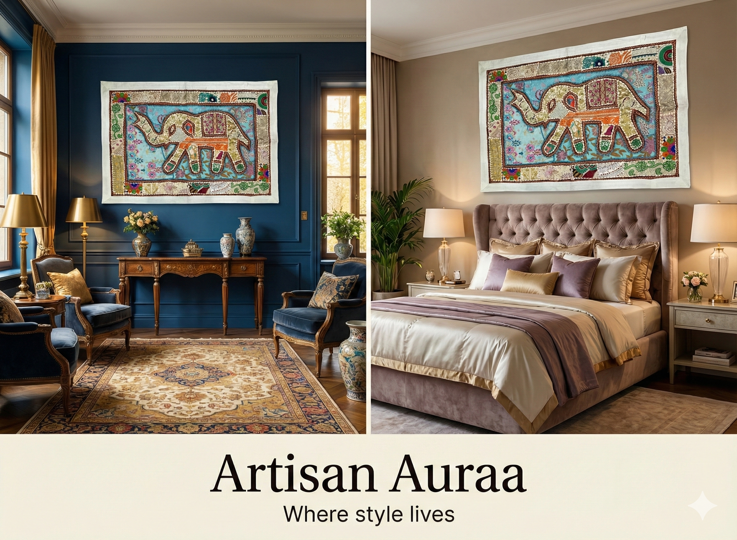 Vintage Patchwork Elephant Wall Hanging (39" x 27") – Hand-Embroidered Zardozi Tapestry