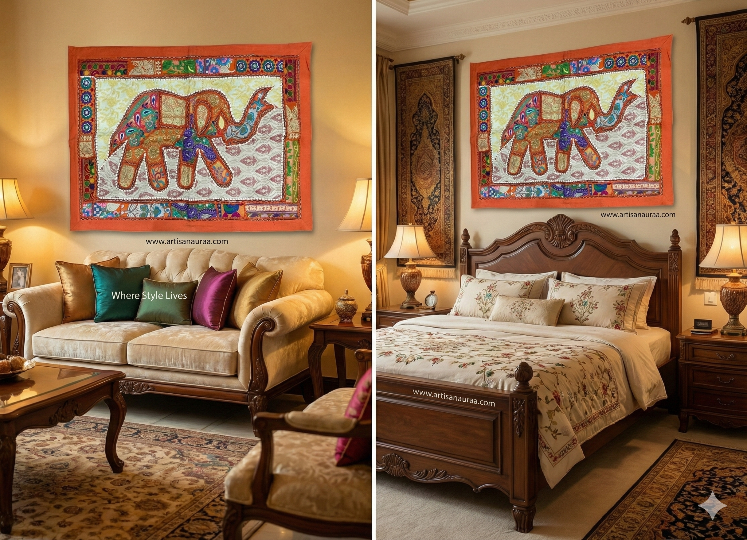 Vintage Patchwork Elephant Wall Hanging (39" x 27") – Hand-Embroidered Zardozi Tapestry