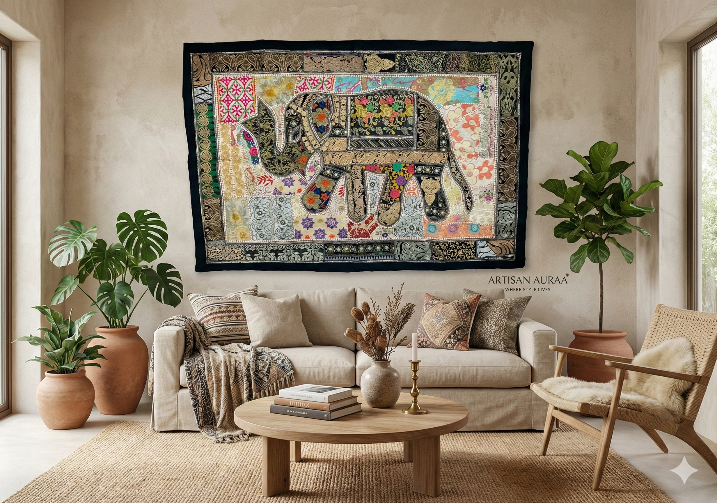 Large Hand-Embroidered Zardozi Elephant Tapestry (61" x 42") – Masterpiece Wall Art