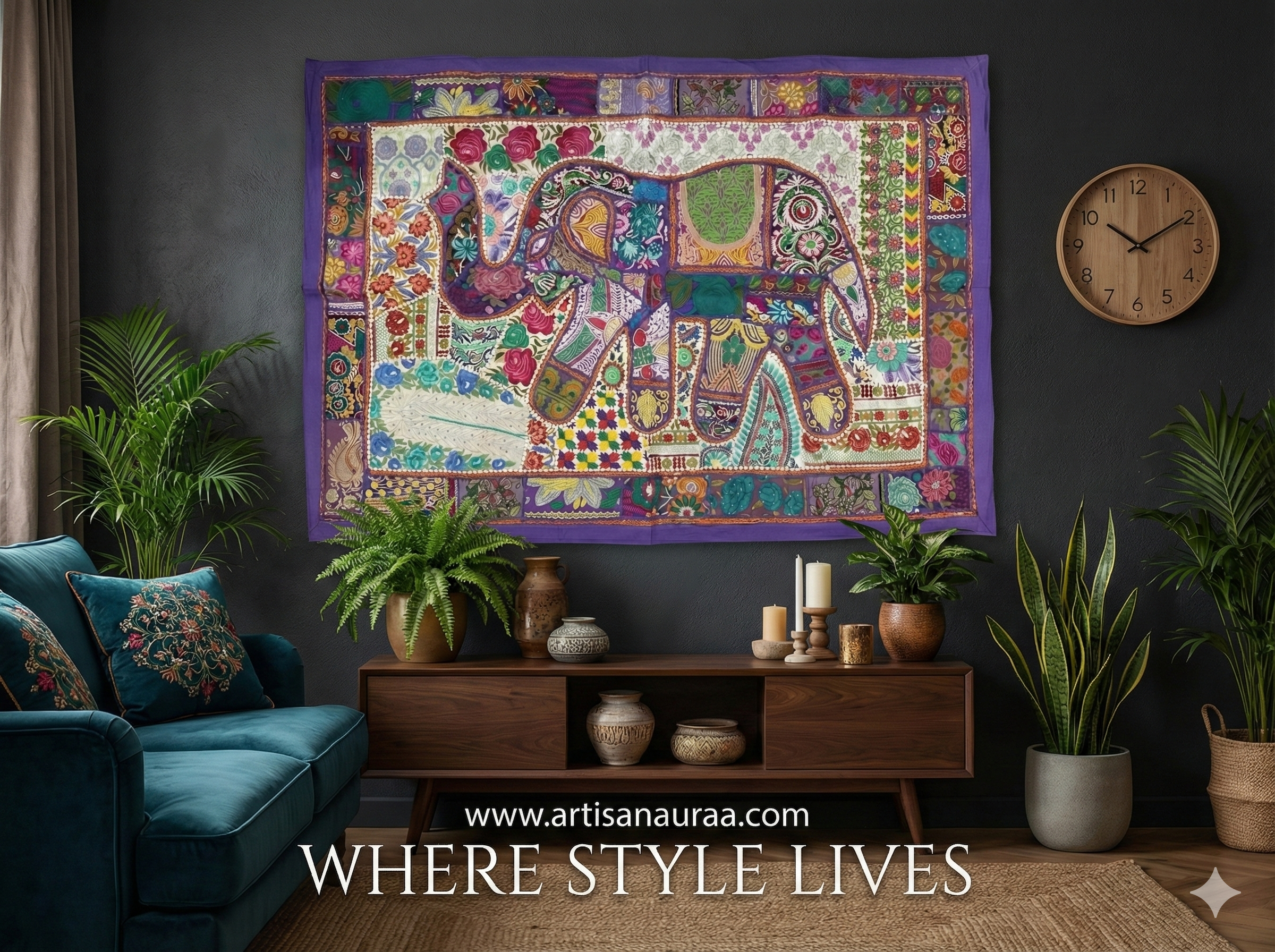 Large Hand-Embroidered Zardozi Elephant Tapestry (61" x 42") – Masterpiece Wall Art