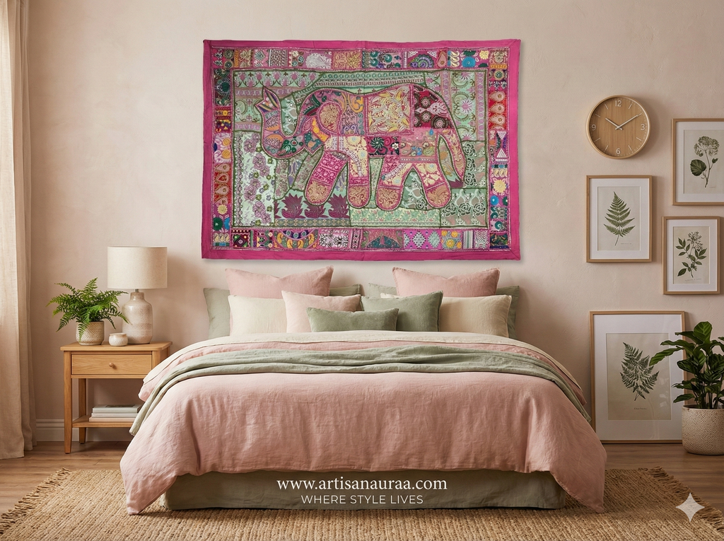Large Hand-Embroidered Zardozi Elephant Tapestry (61" x 42") – Masterpiece Wall Art