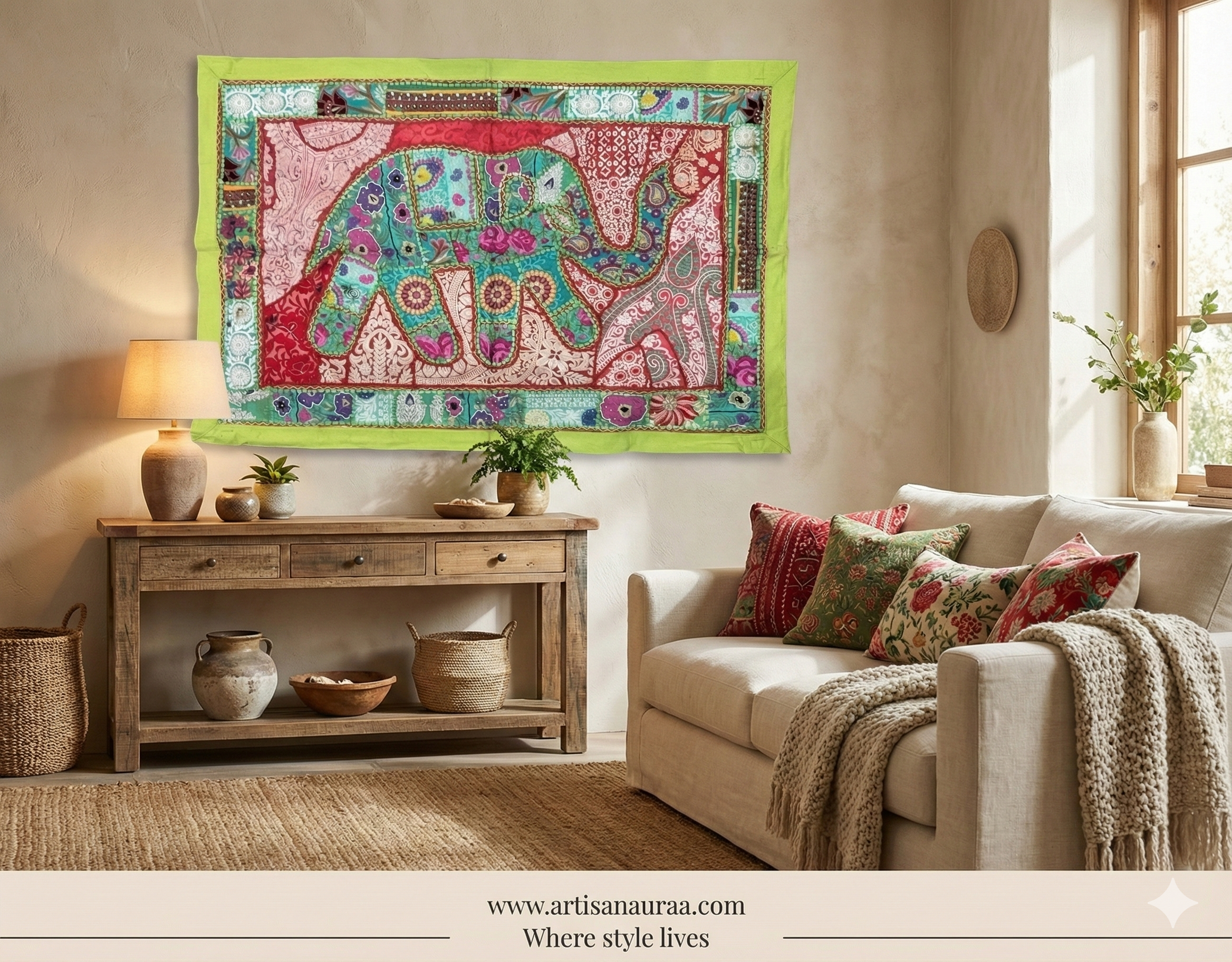 One-of-a-Kind Zardozi Elephant Tapestry (47" x 33") – Statement Wall Art