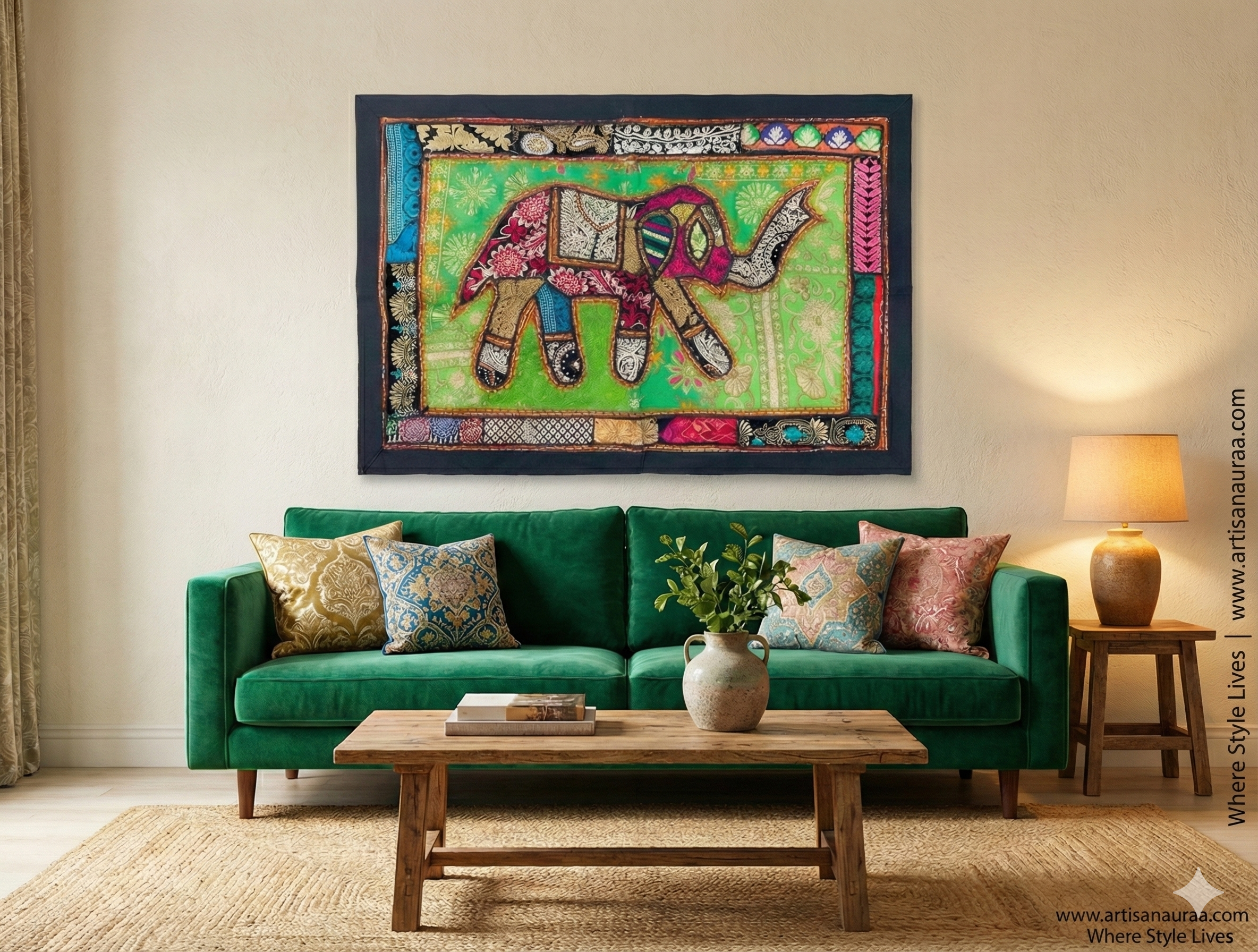 One-of-a-Kind Zardozi Elephant Tapestry (47" x 33") – Statement Wall Art