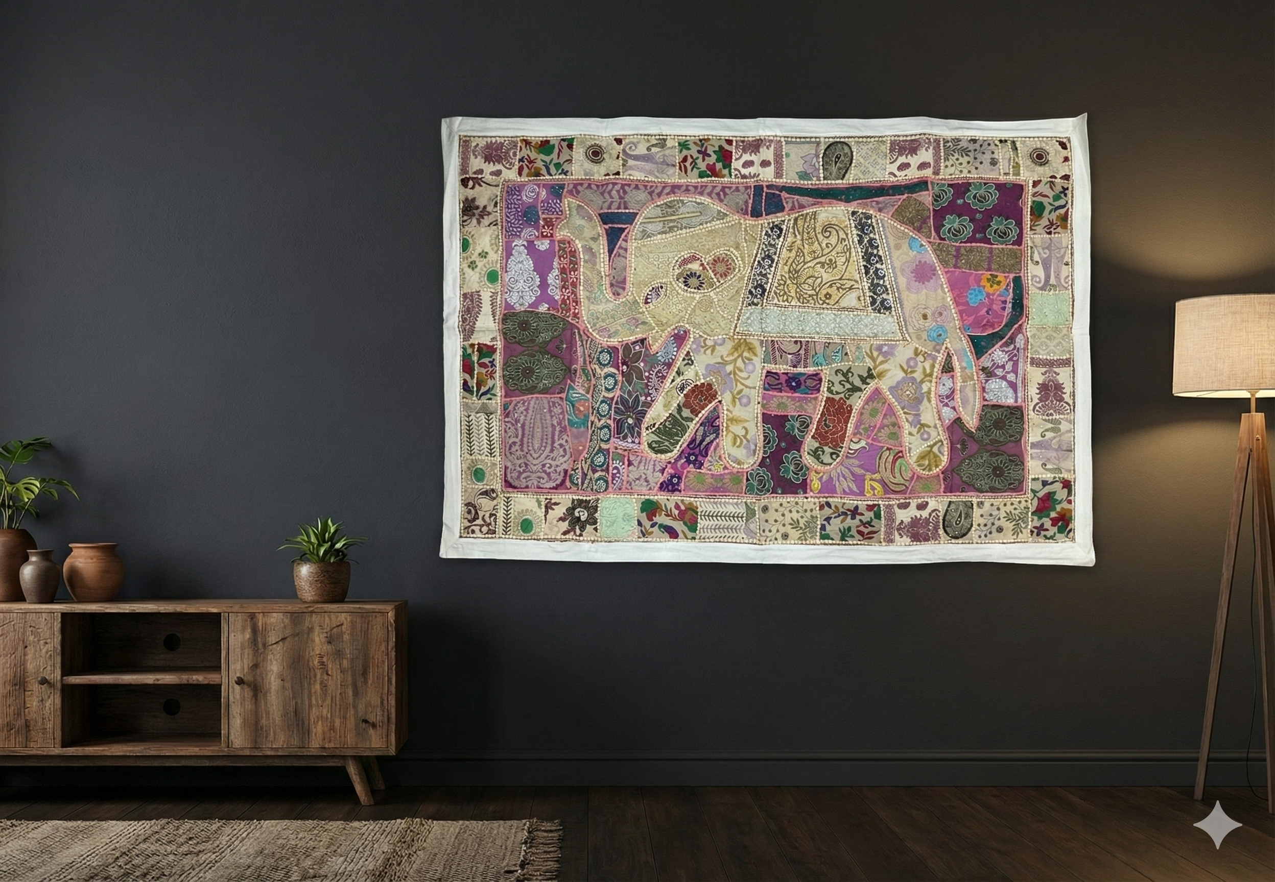 Large Hand-Embroidered Zardozi Elephant Tapestry (61" x 42") – Masterpiece Wall Art