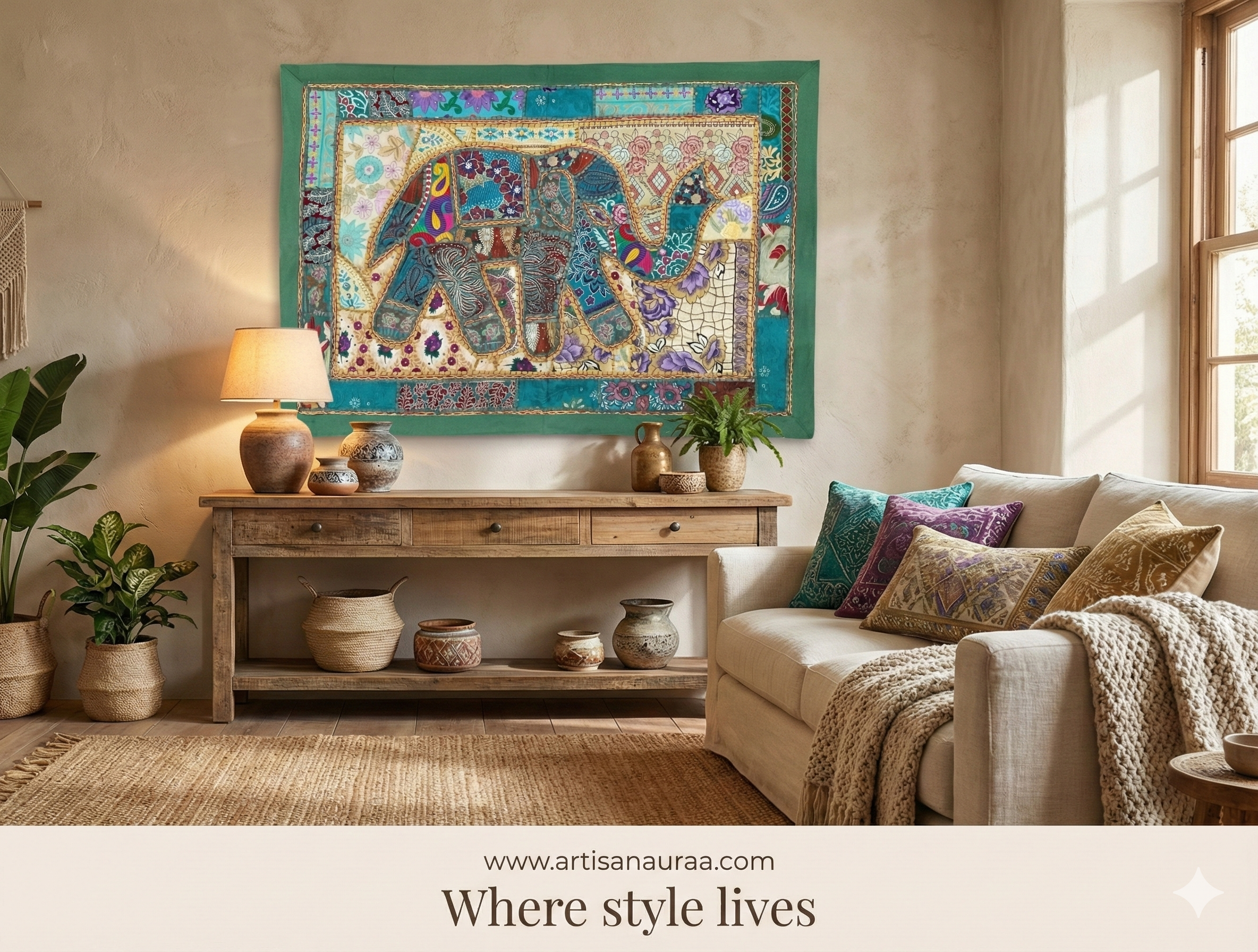 One-of-a-Kind Zardozi Elephant Tapestry (47" x 33") – Statement Wall Art