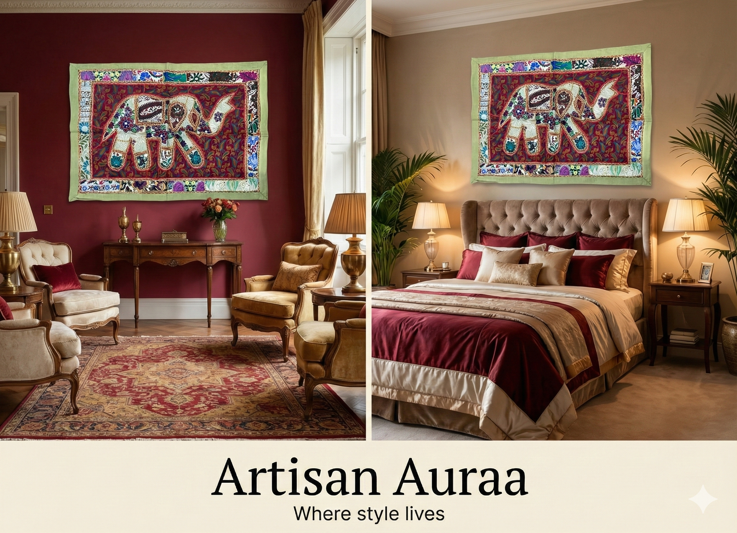 Vintage Patchwork Elephant Wall Hanging (39" x 27") – Hand-Embroidered Zardozi Tapestry