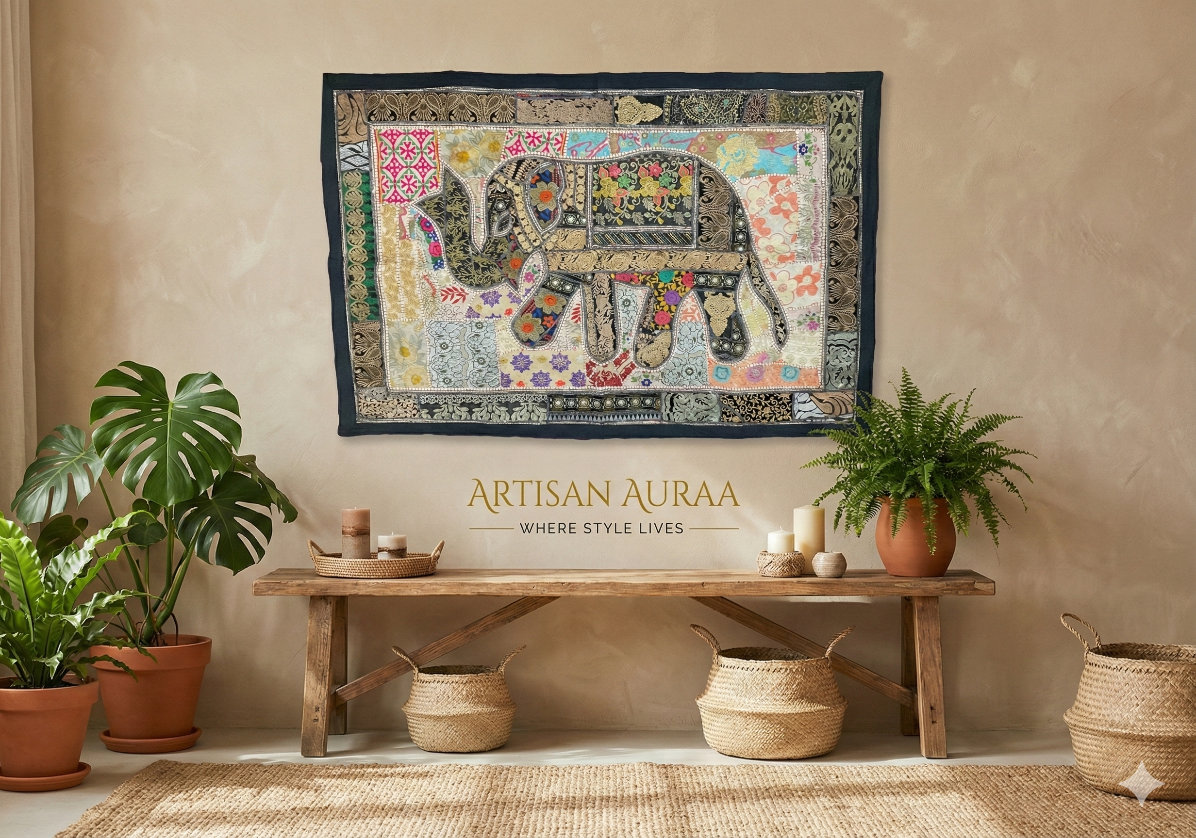 Large Hand-Embroidered Zardozi Elephant Tapestry (61" x 42") – Masterpiece Wall Art