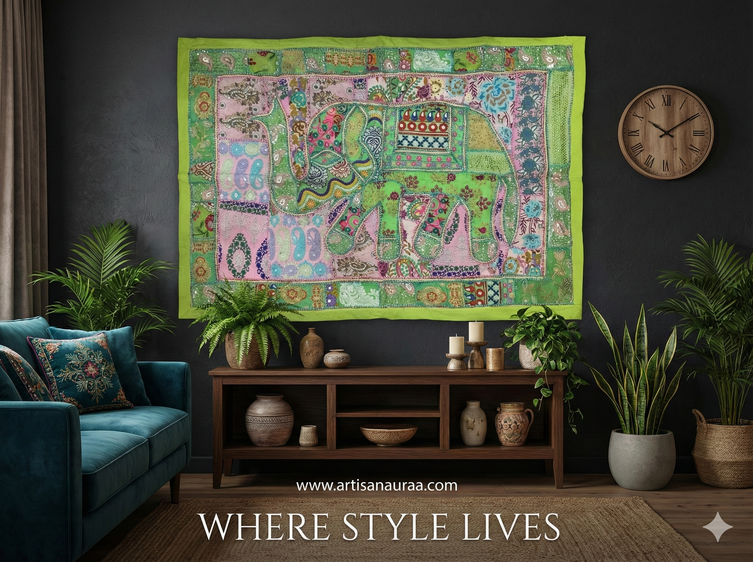 Large Hand-Embroidered Zardozi Elephant Tapestry (61" x 42") – Masterpiece Wall Art