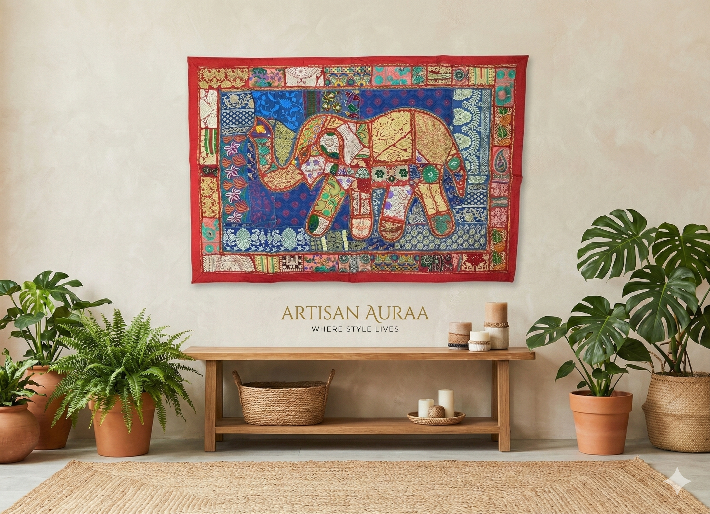 Large Hand-Embroidered Zardozi Elephant Tapestry (61" x 42") – Masterpiece Wall Art