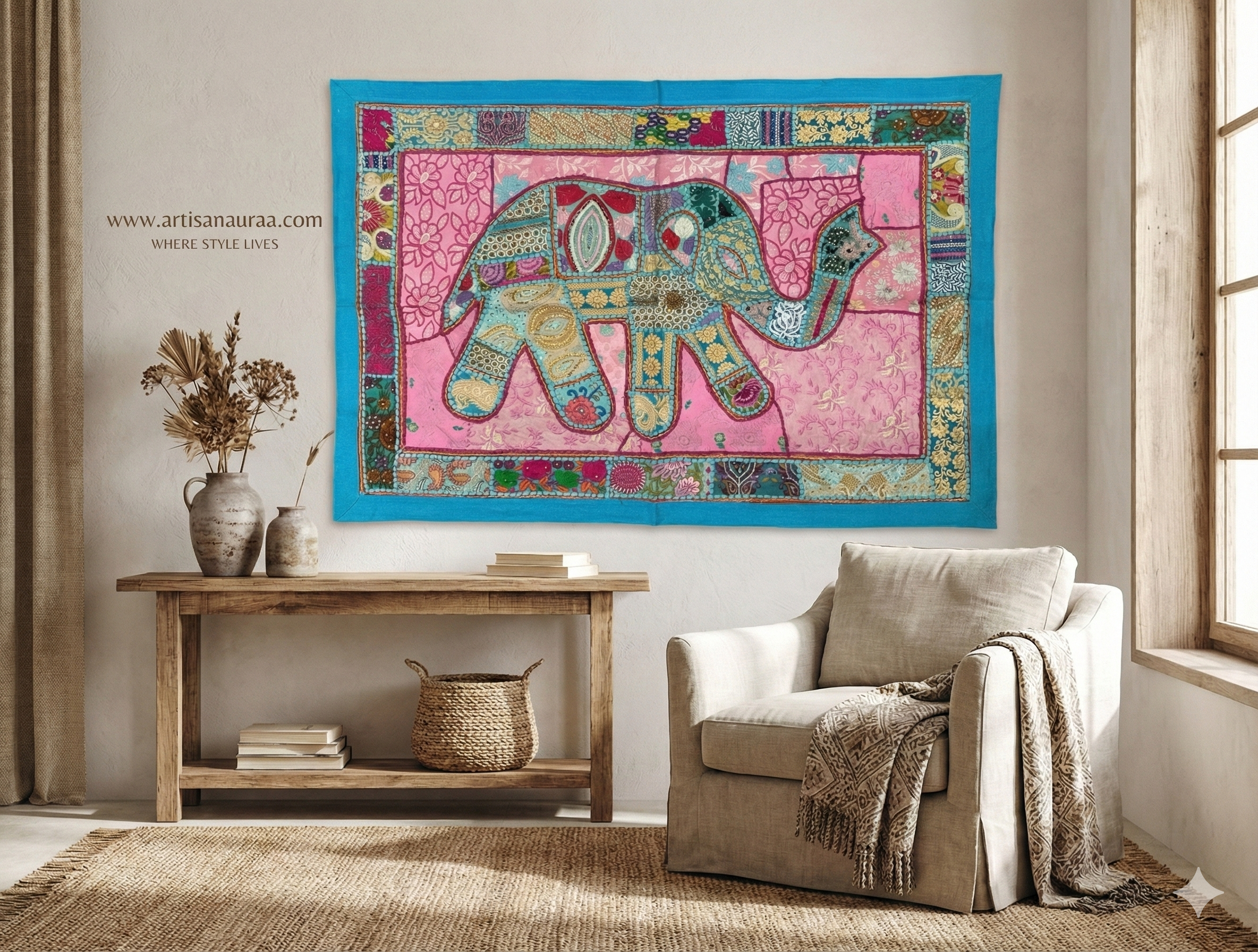 One-of-a-Kind Zardozi Elephant Tapestry (47" x 33") – Statement Wall Art