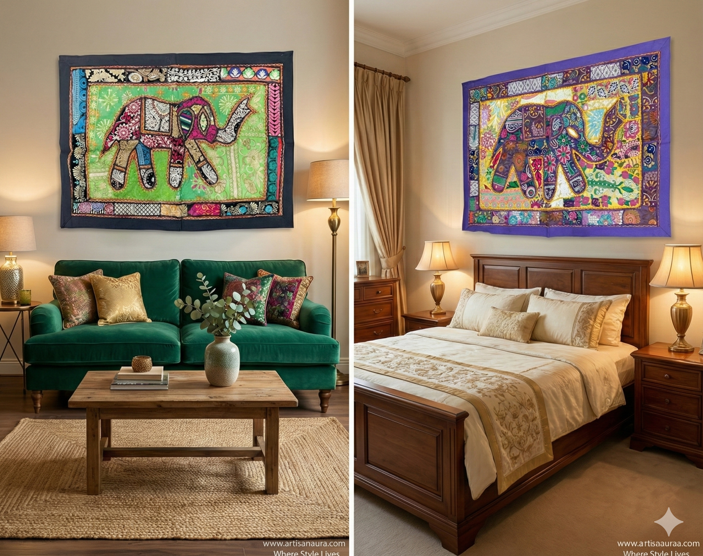 One-of-a-Kind Zardozi Elephant Tapestry (47" x 33") – Statement Wall Art