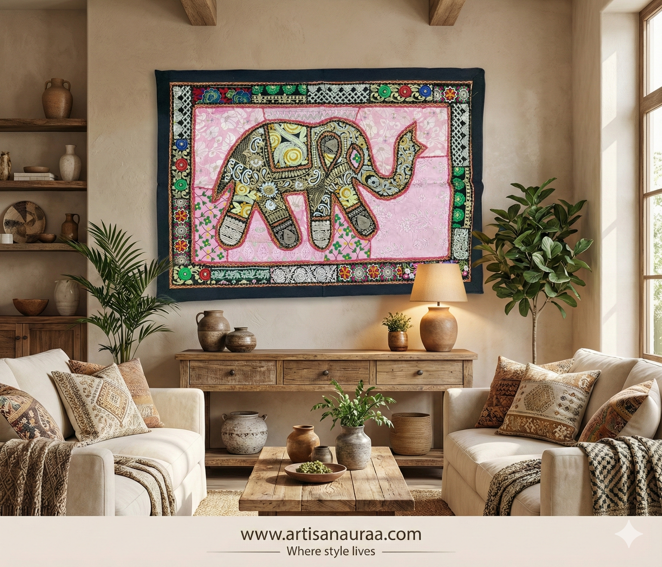 One-of-a-Kind Zardozi Elephant Tapestry (47" x 33") – Statement Wall Art