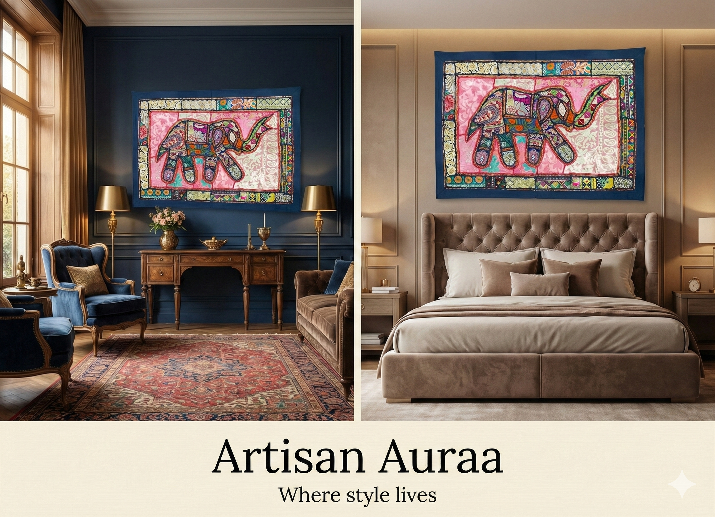 Vintage Patchwork Elephant Wall Hanging (39" x 27") – Hand-Embroidered Zardozi Tapestry