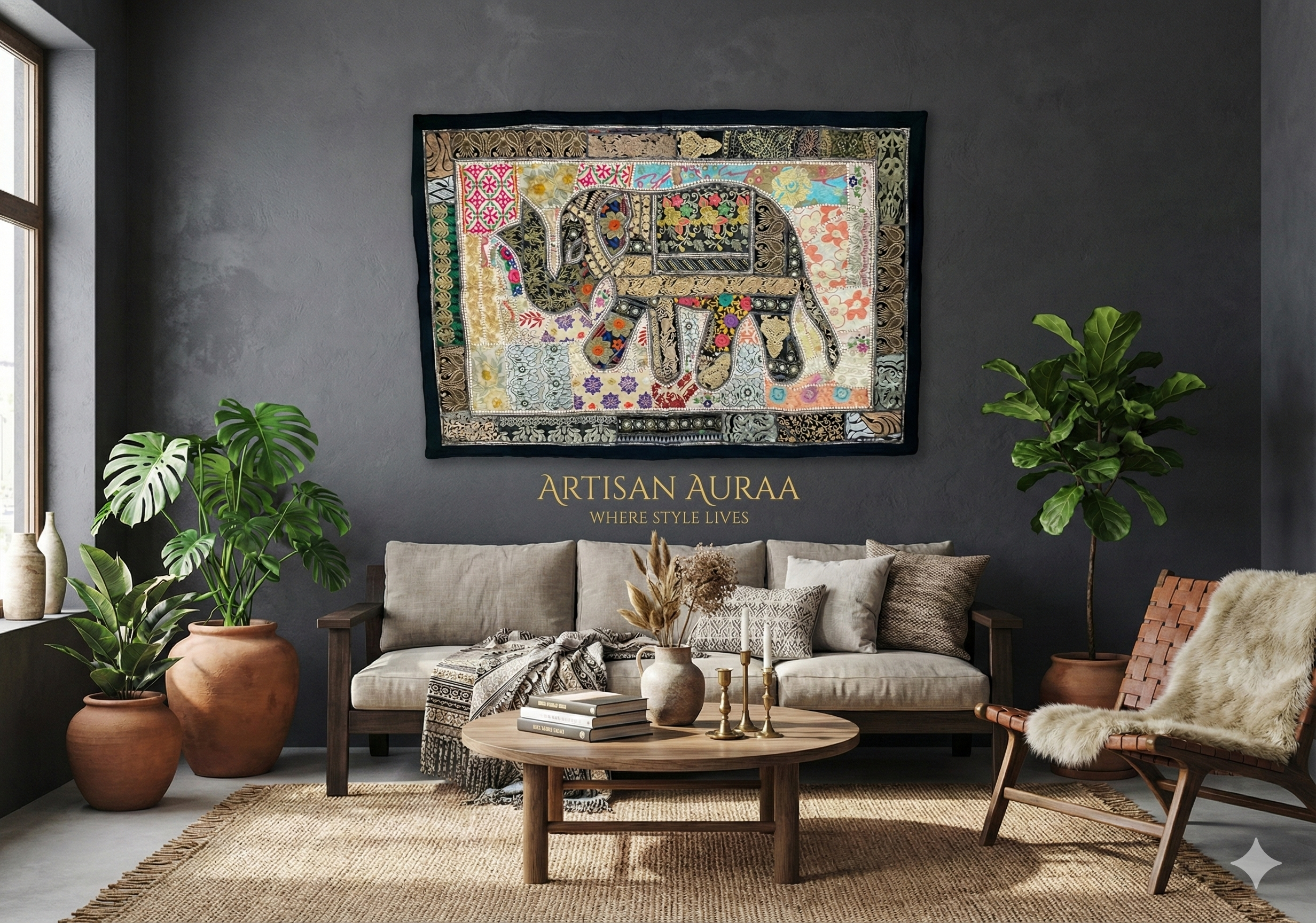 Large Hand-Embroidered Zardozi Elephant Tapestry (61" x 42") – Masterpiece Wall Art