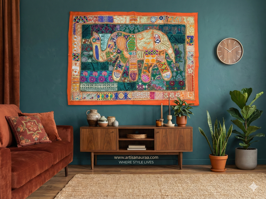 Large Hand-Embroidered Zardozi Elephant Tapestry (61" x 42") – Masterpiece Wall Art