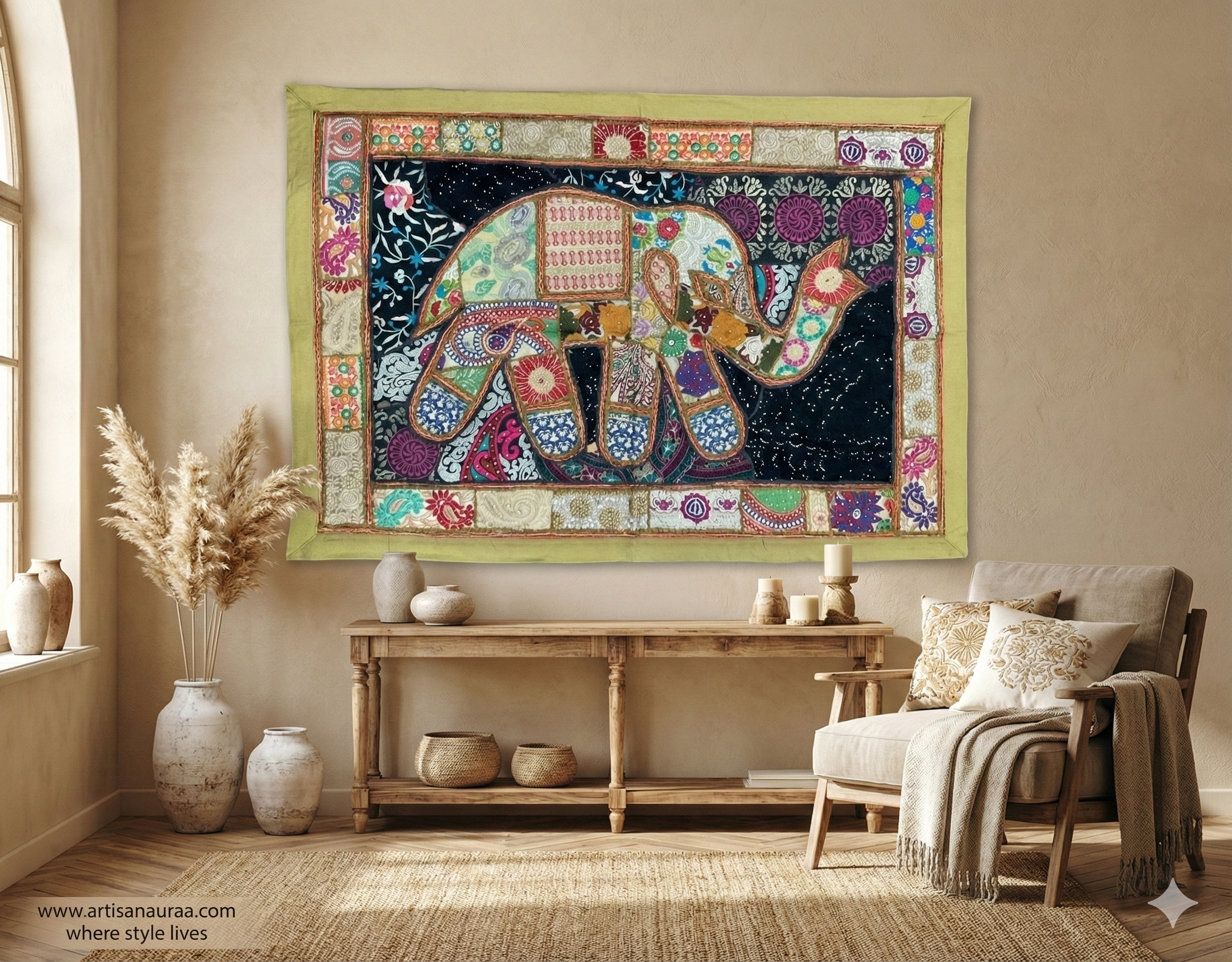 One-of-a-Kind Zardozi Elephant Tapestry (47" x 33") – Statement Wall Art