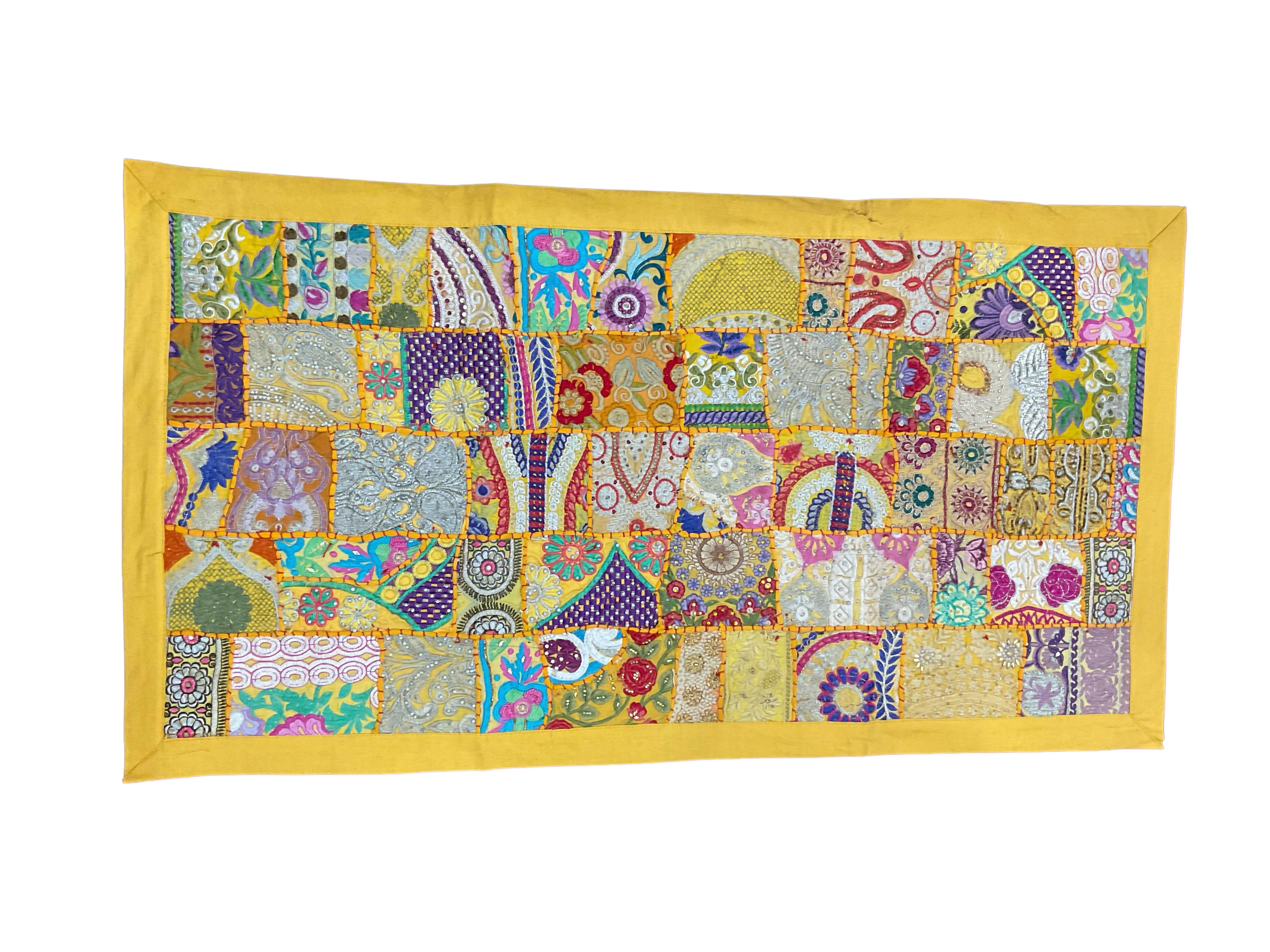 Colorful patchwork tapestry with sequins and beads for gallery wall