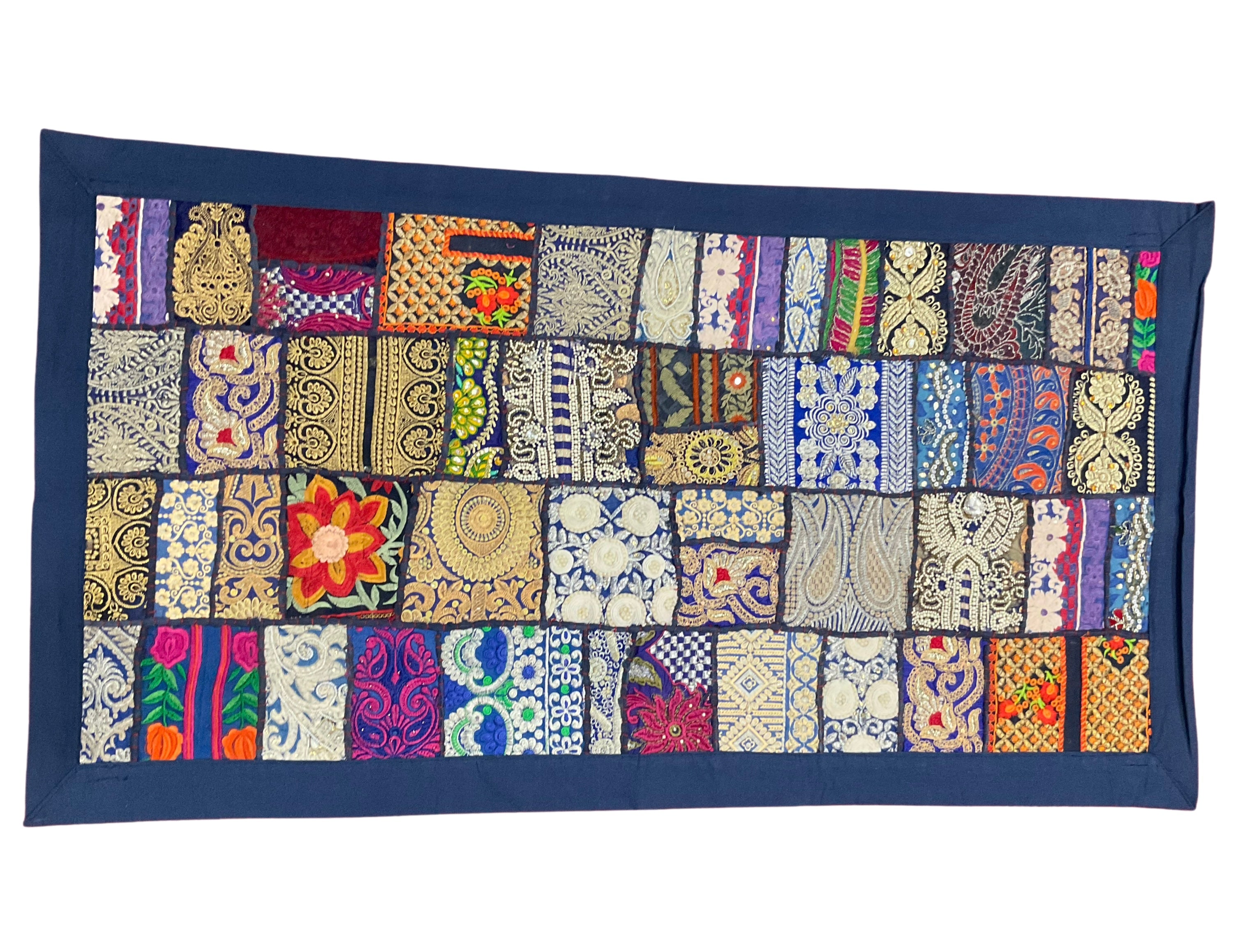 Colorful patchwork tapestry with sequins and beads for gallery wall"