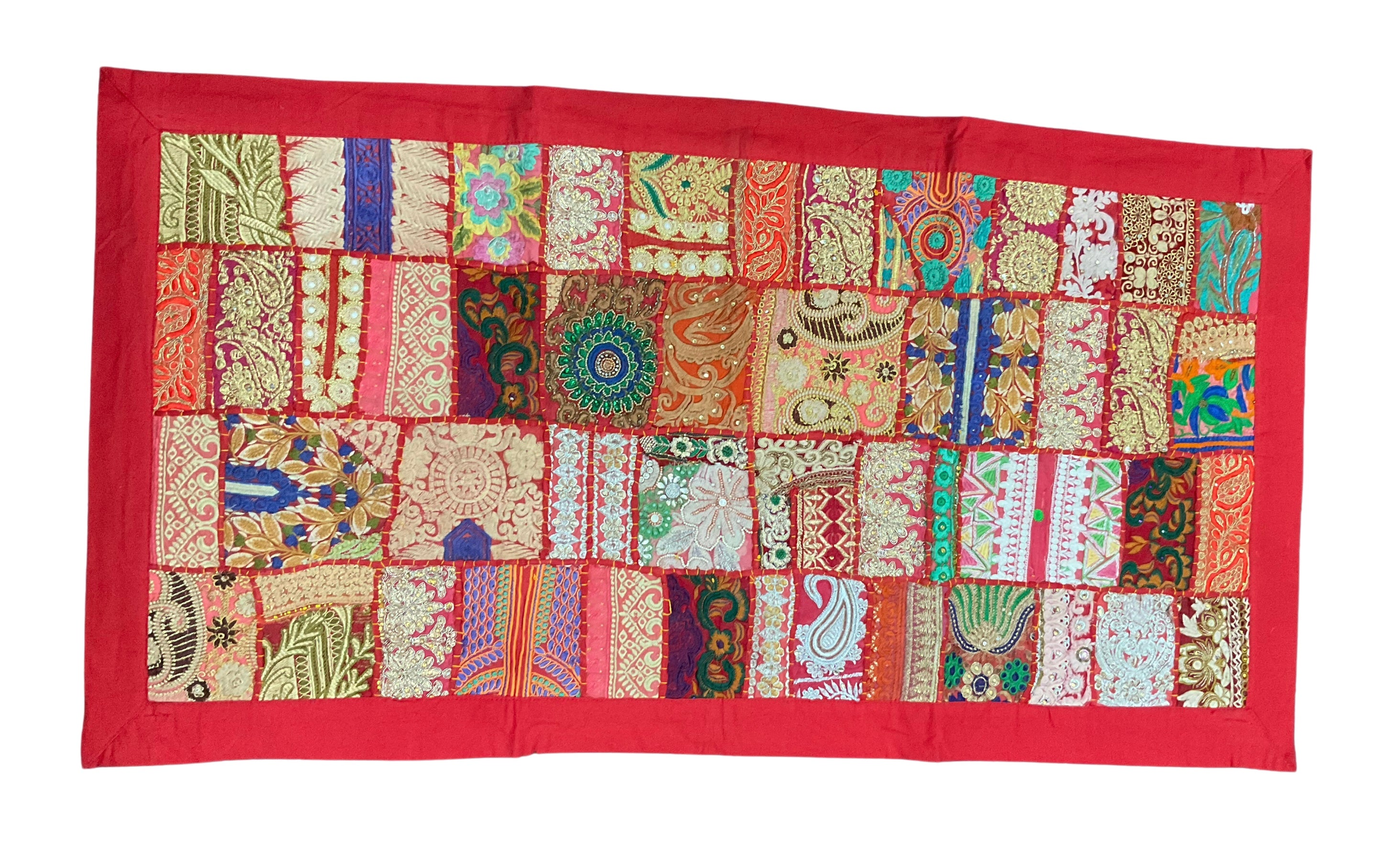 Colorful patchwork tapestry with sequins and beads for gallery wall