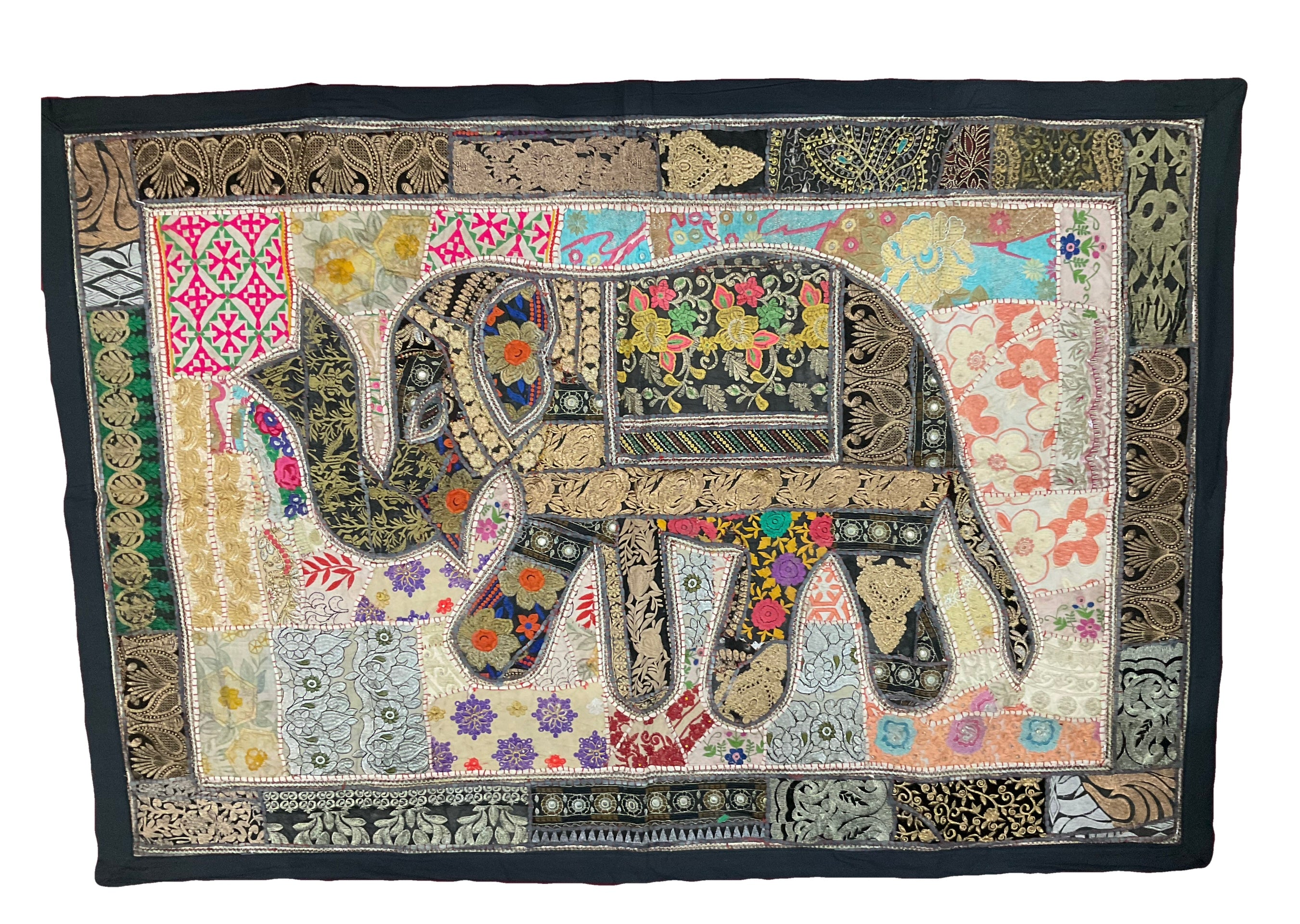 Large Hand-Embroidered Zardozi Elephant Tapestry (61" x 42") – Masterpiece Wall Art