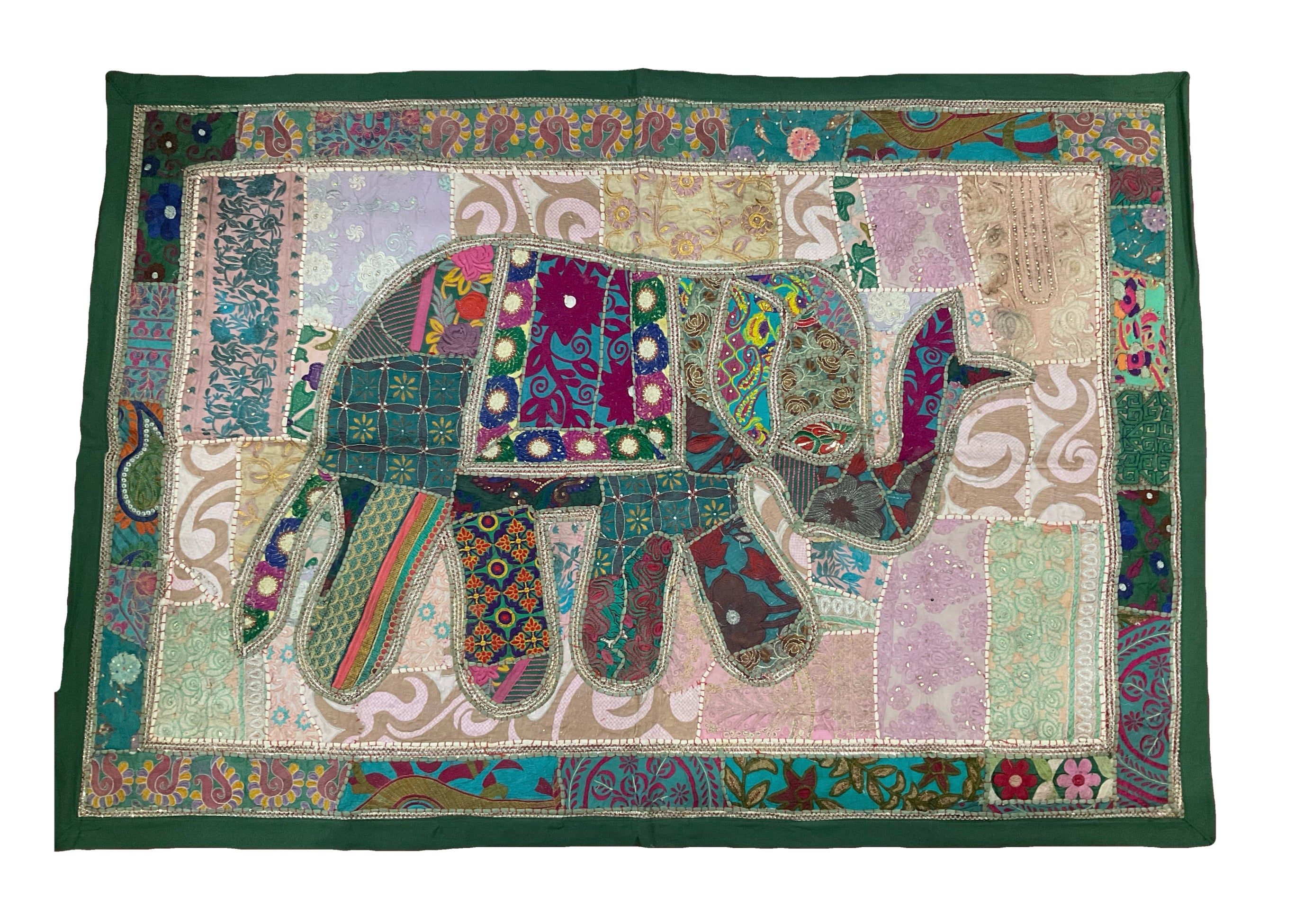 Large Hand-Embroidered Zardozi Elephant Tapestry (61" x 42") – Masterpiece Wall Art