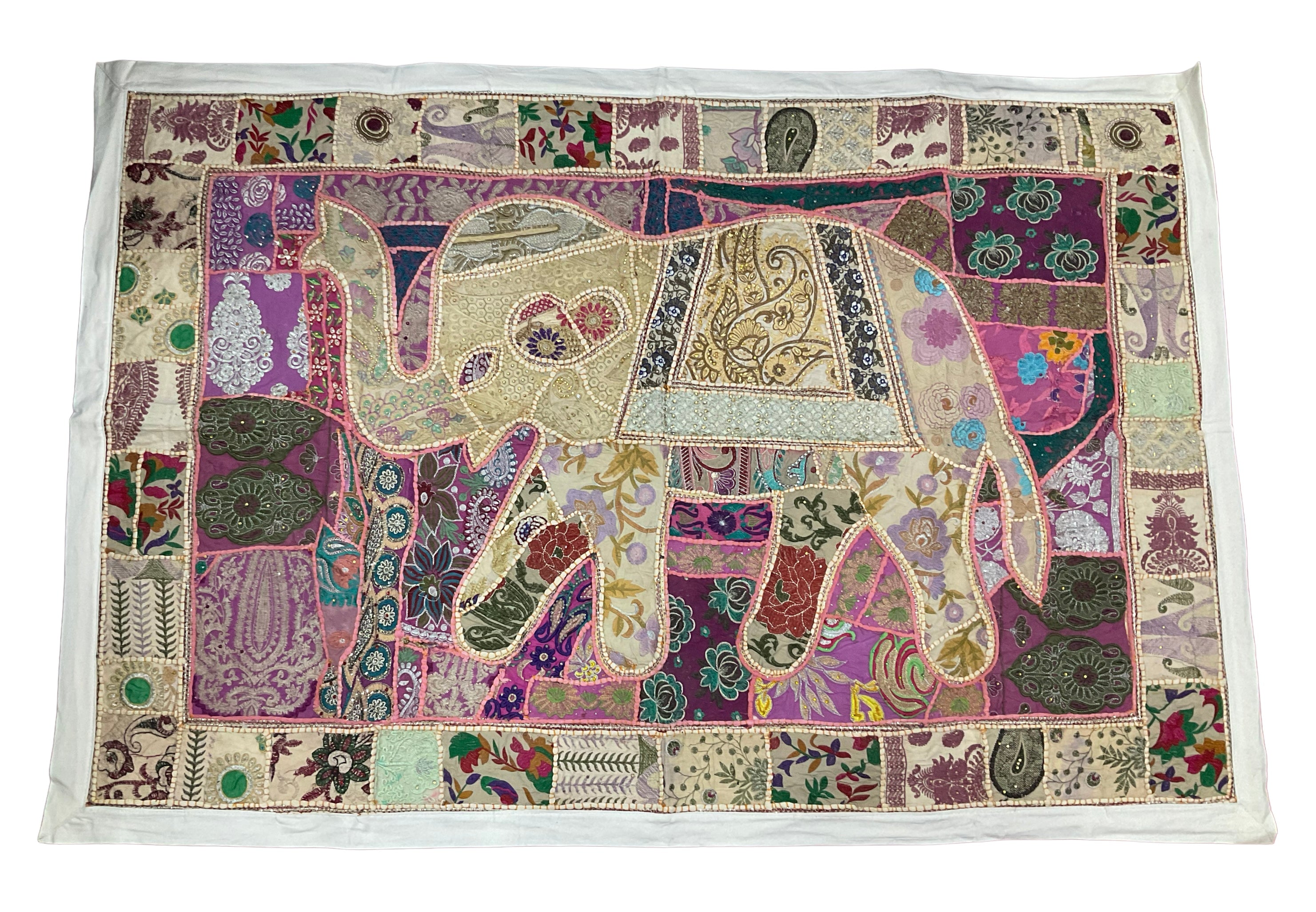 Large Hand-Embroidered Zardozi Elephant Tapestry (61" x 42") – Masterpiece Wall Art