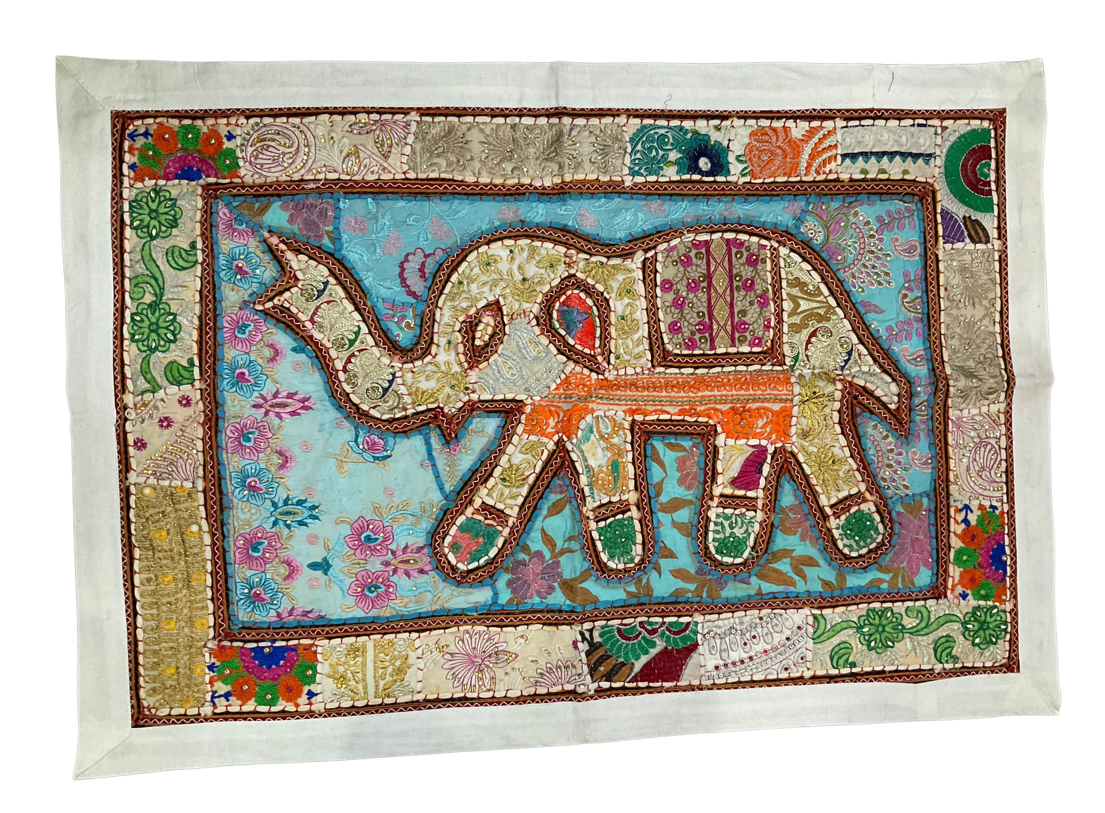 Vintage Patchwork Elephant Wall Hanging (39" x 27") – Hand-Embroidered Zardozi Tapestry