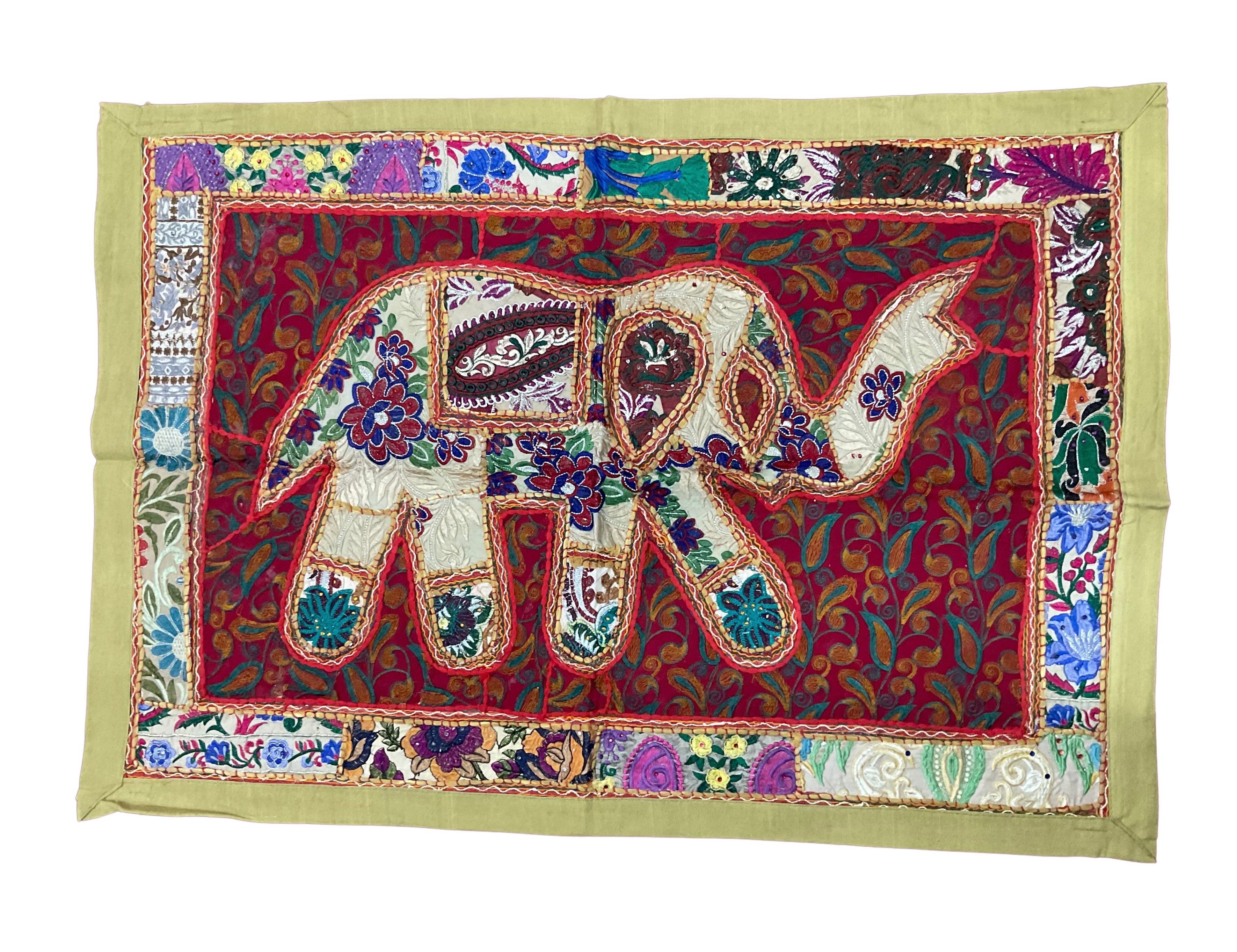 Vintage Patchwork Elephant Wall Hanging (39" x 27") – Hand-Embroidered Zardozi Tapestry