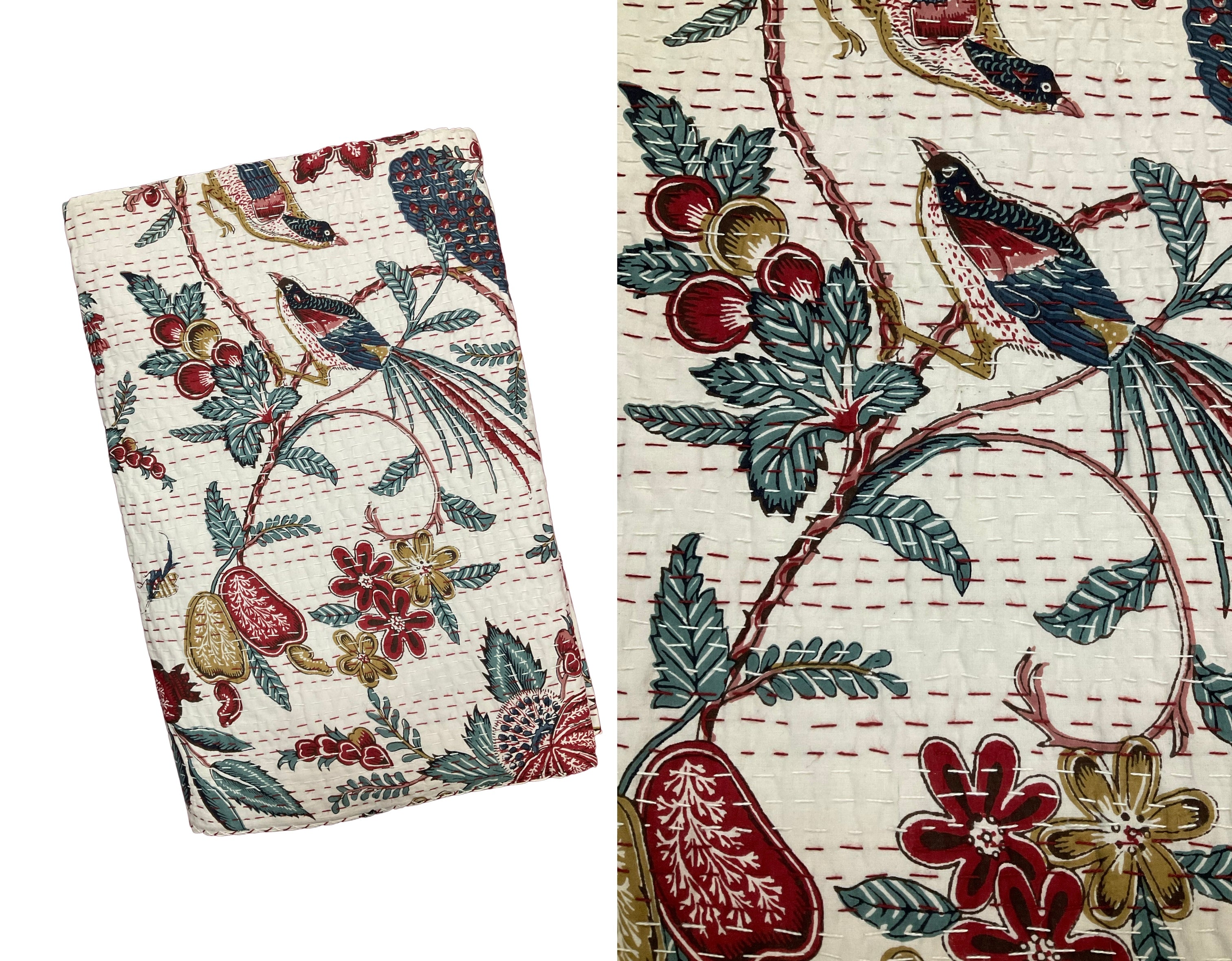 Hand-Stitched Floral Kantha Quilt (90" x 108")