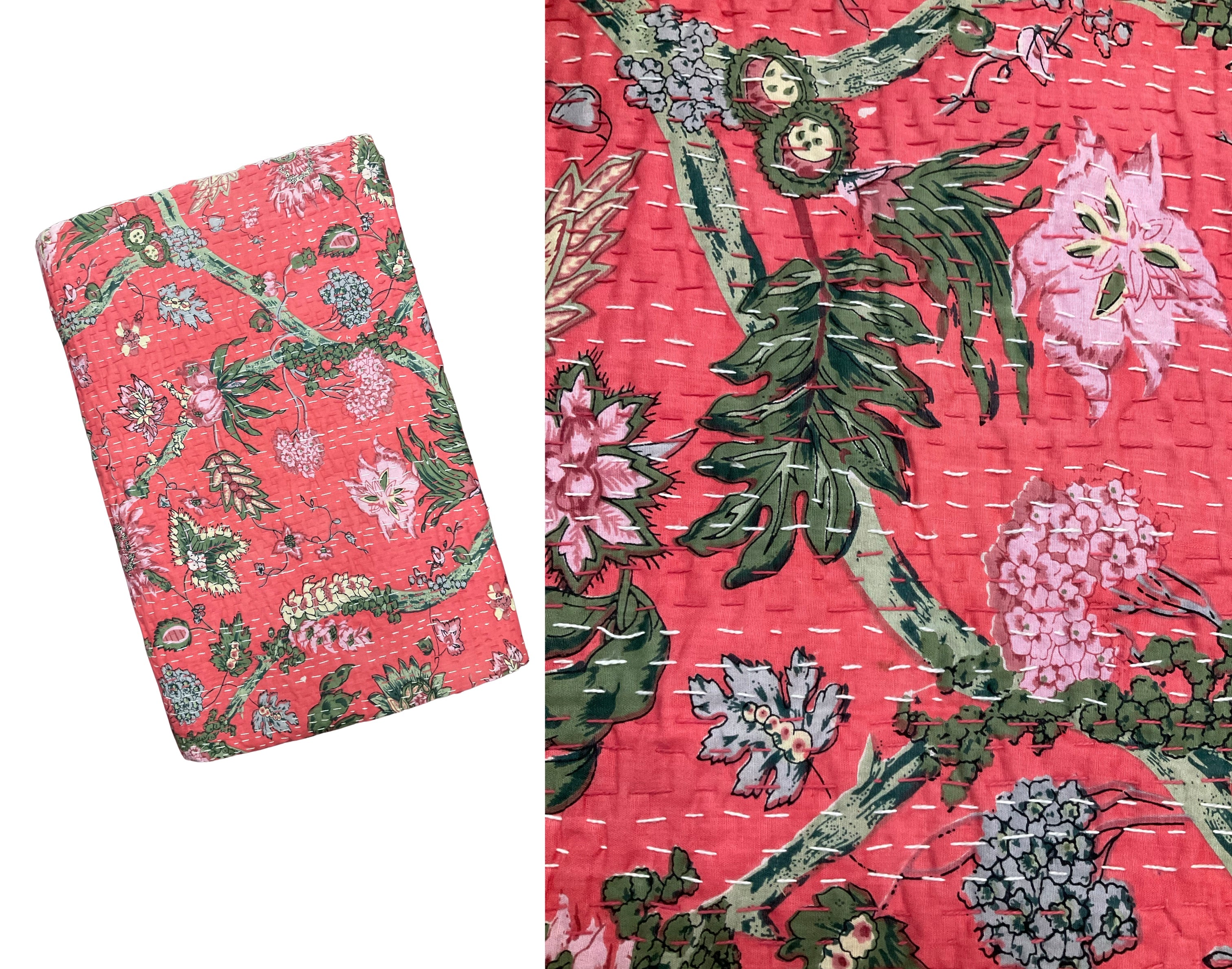 Hand-Stitched Floral Kantha Quilt (90" x 108")