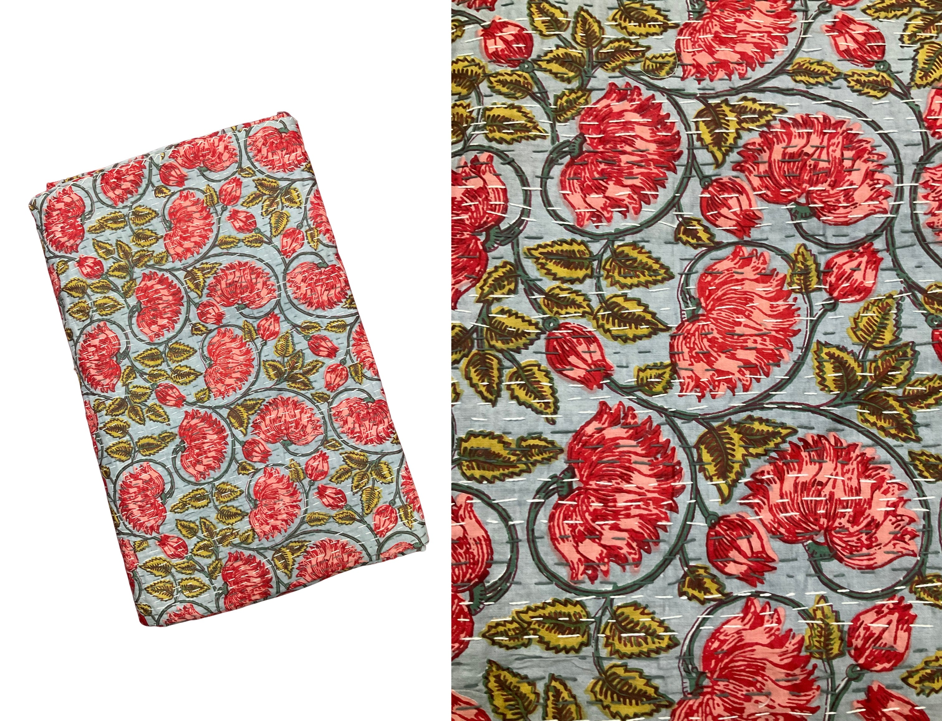 Hand-Stitched Floral Kantha Quilt (90" x 108")