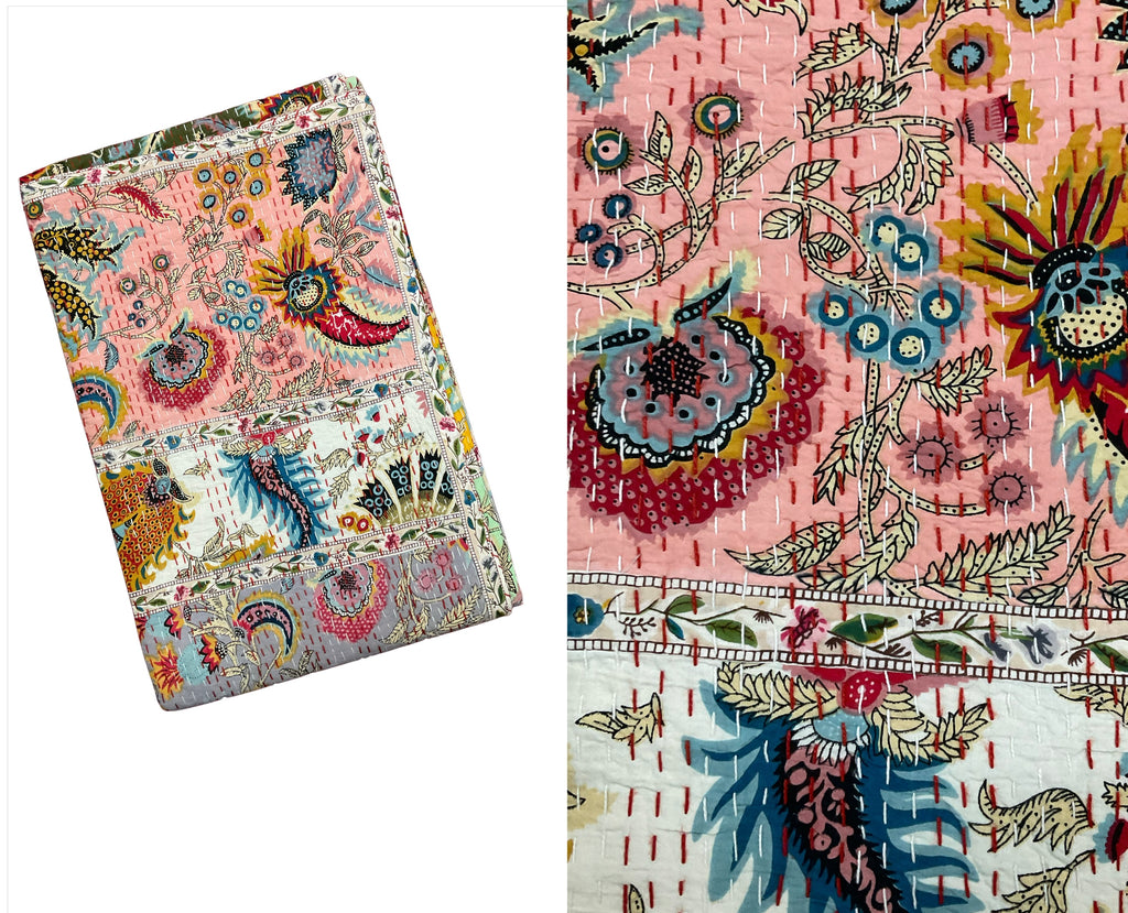 Hand-Stitched Cotton Kantha Quilt (60" x 90") – Twin Size Throw & Bedspread