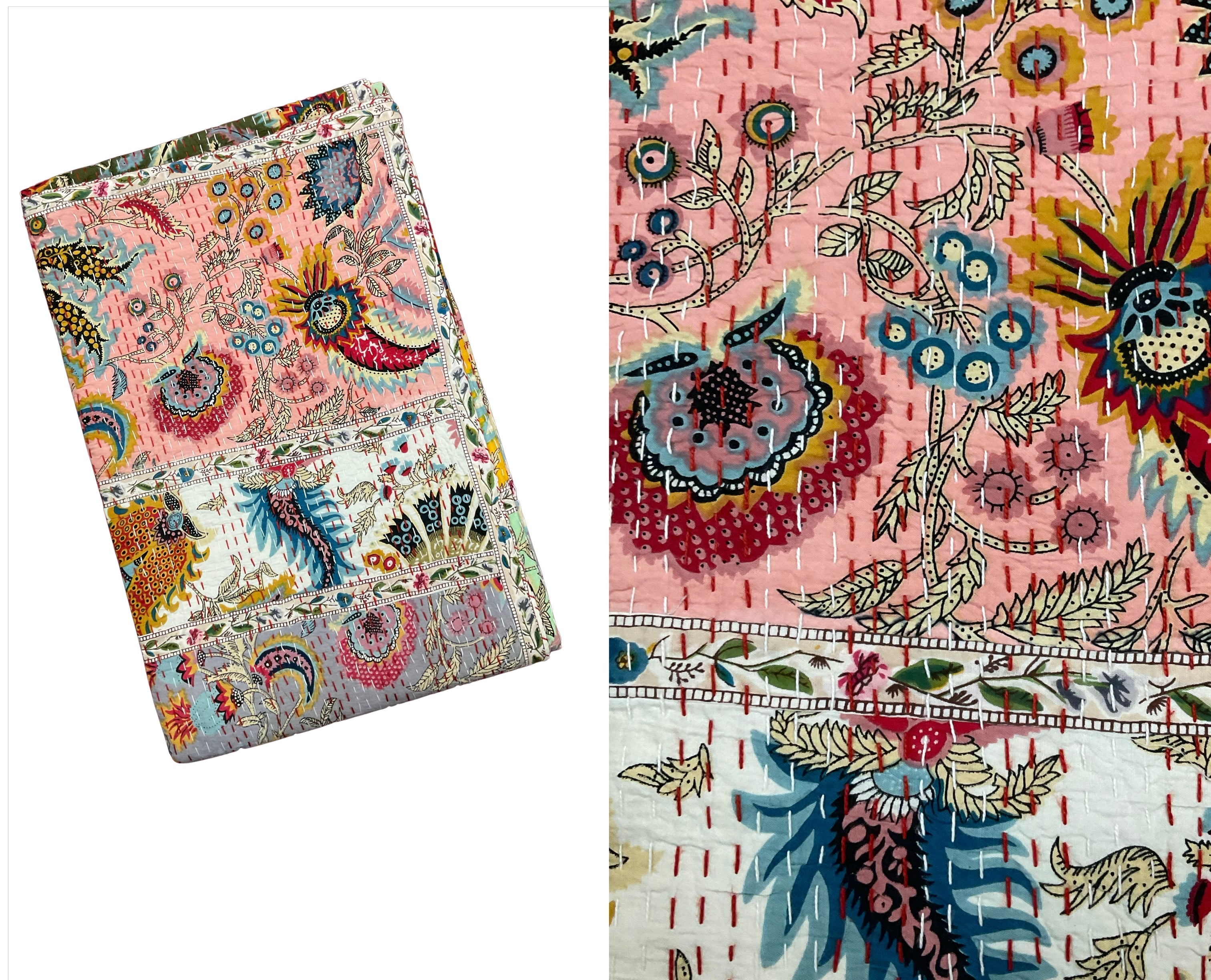 Hand-Stitched Cotton Kantha Quilt (60" x 90") – Twin Size Throw & Bedspread