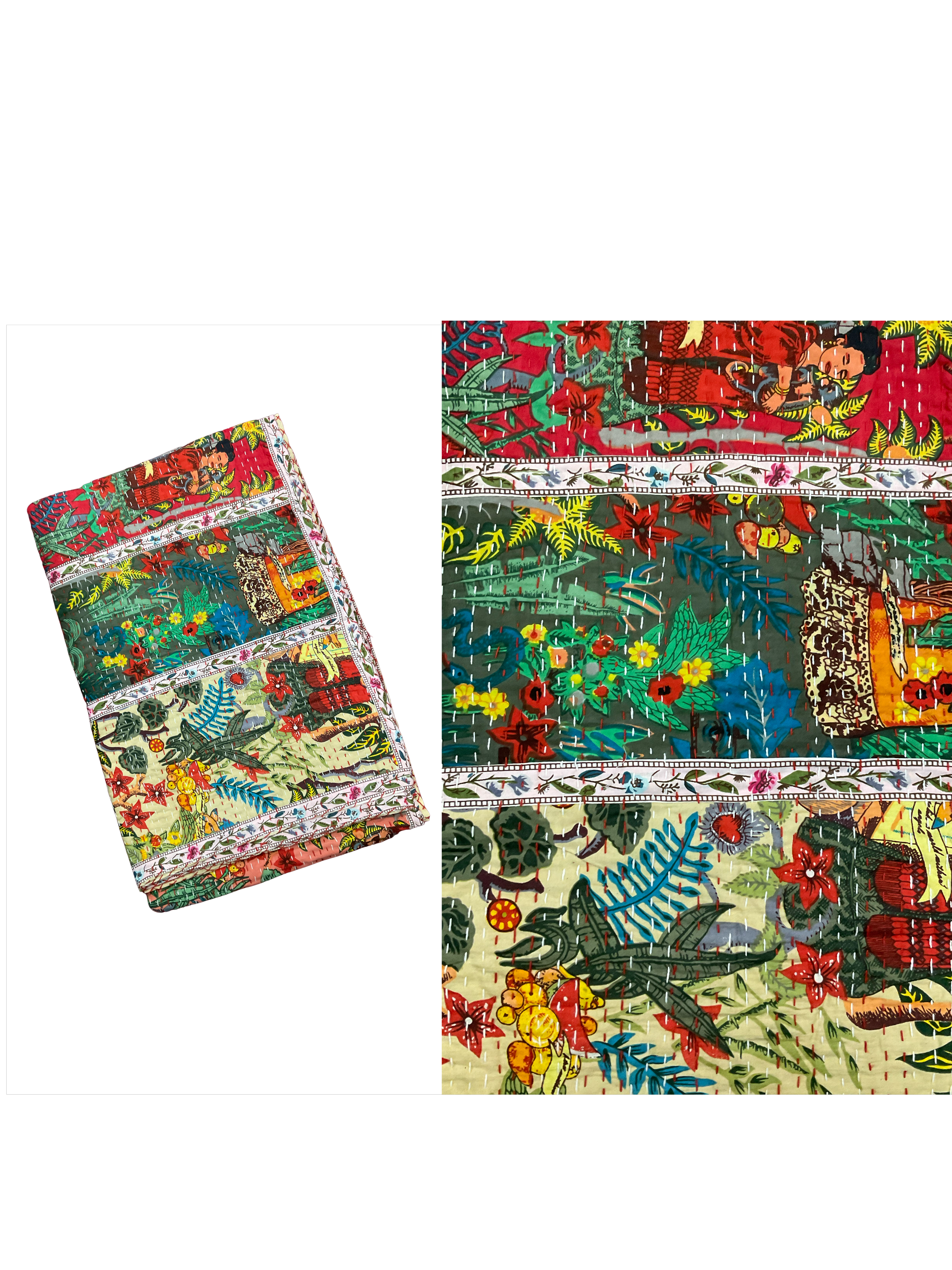 Hand-Stitched Cotton Kantha Quilt (60" x 90") – Twin Size Throw & Bedspread