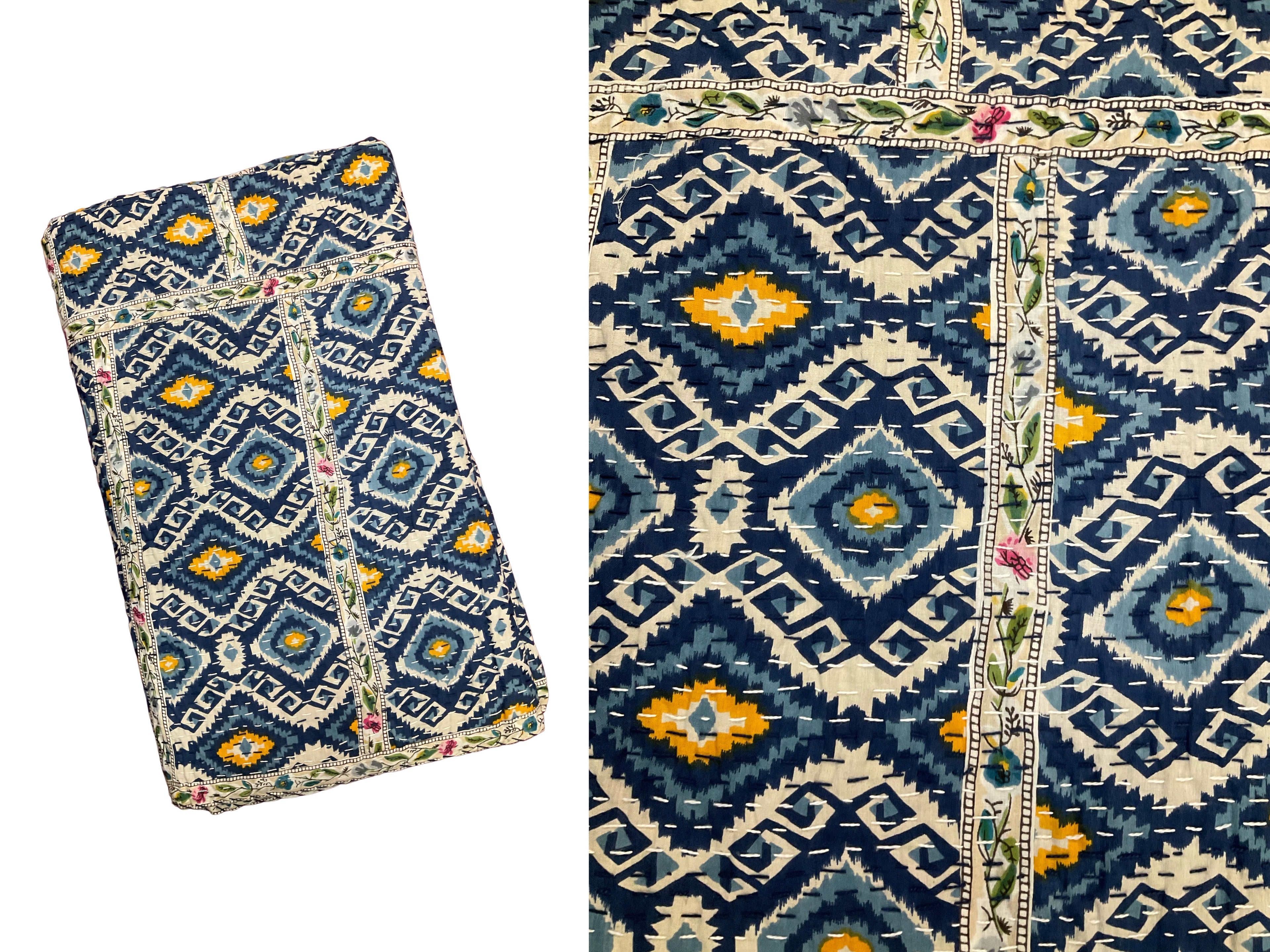 Hand-Stitched Floral Kantha Quilt (90" x 108")