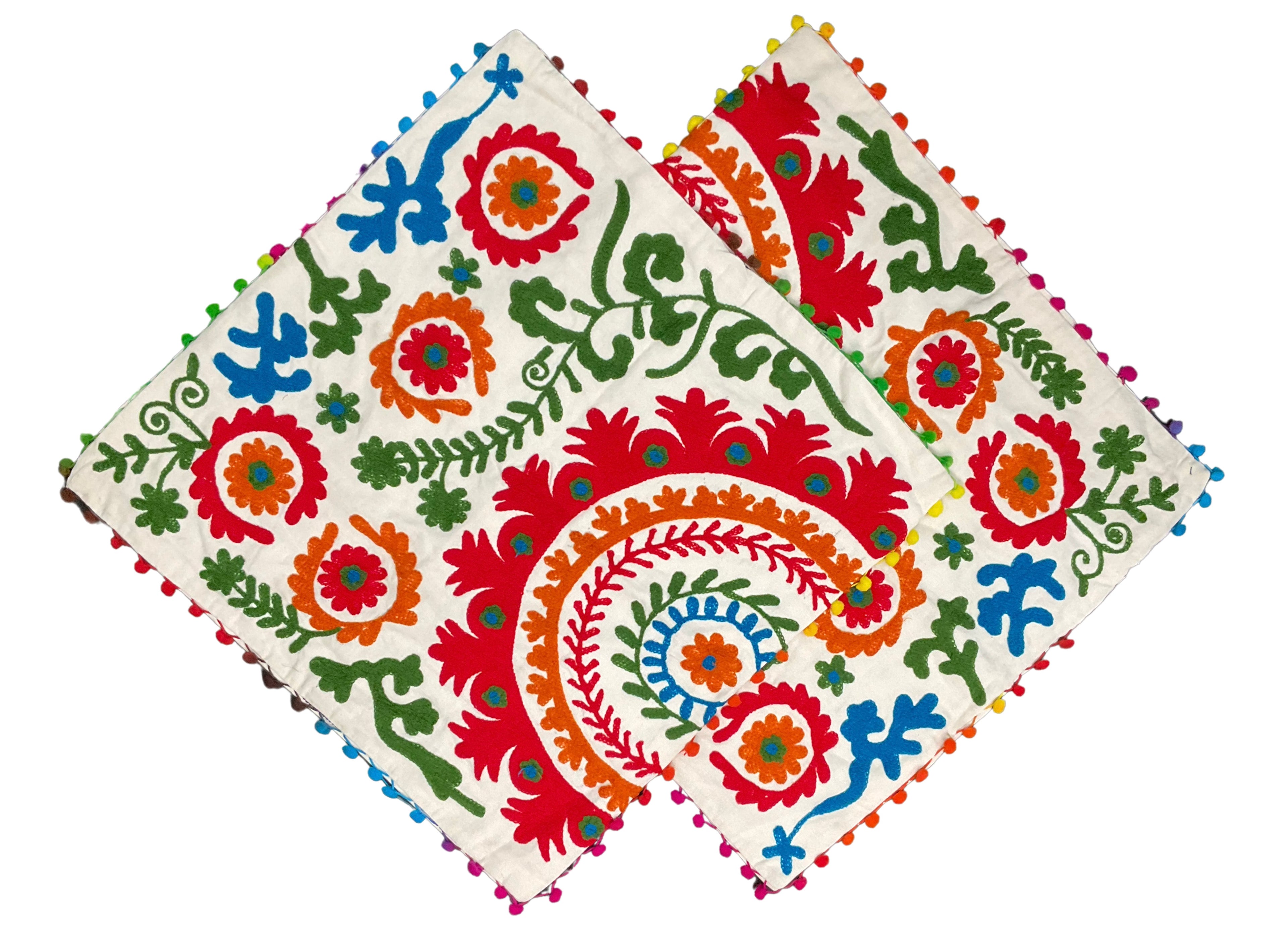 Vintage Inspired Hand-Embroidered Suzani Cushion Cover | 20" x 20" | Multi-Color Floral & Arch Design