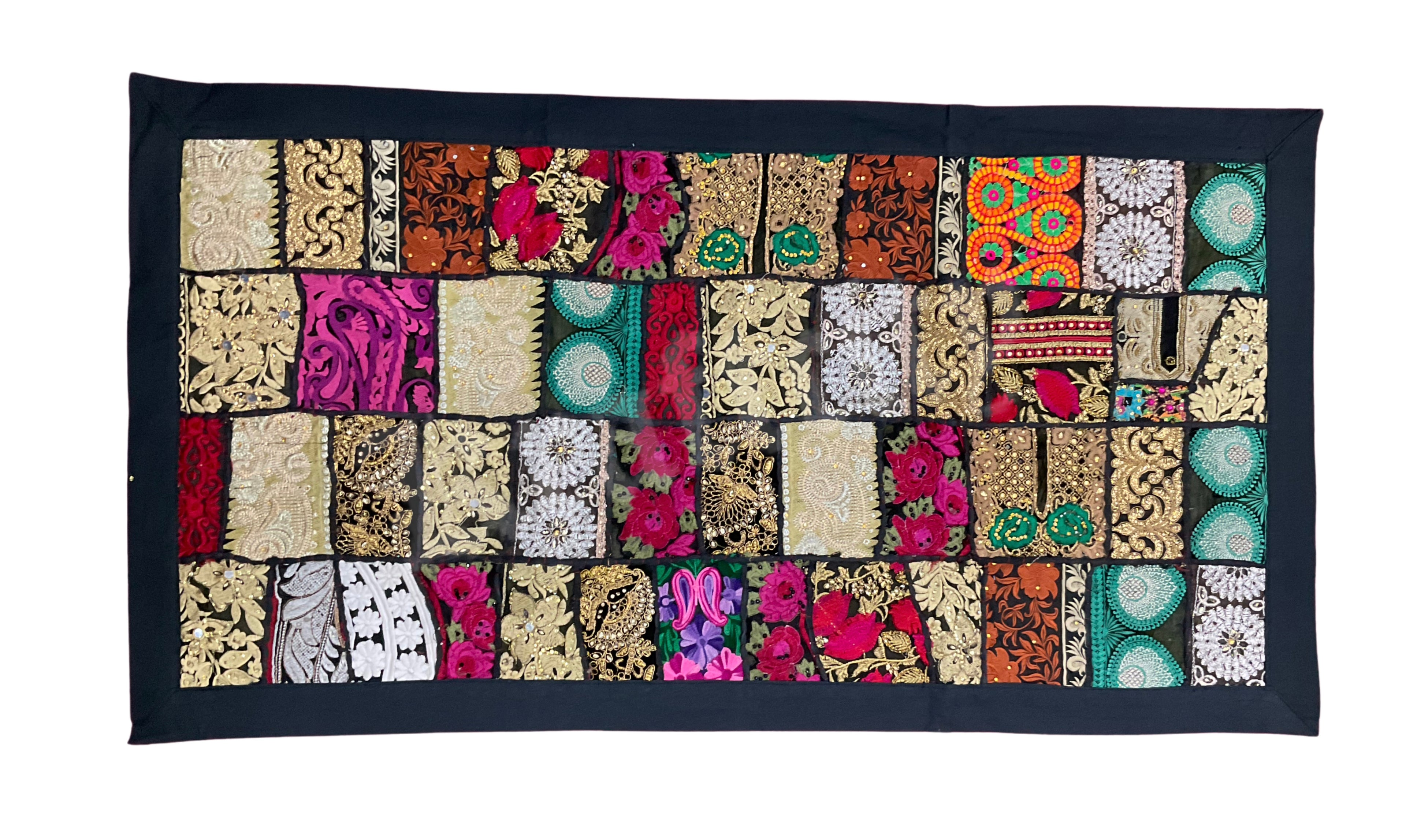 Colorful patchwork tapestry with sequins and beads for gallery wall"