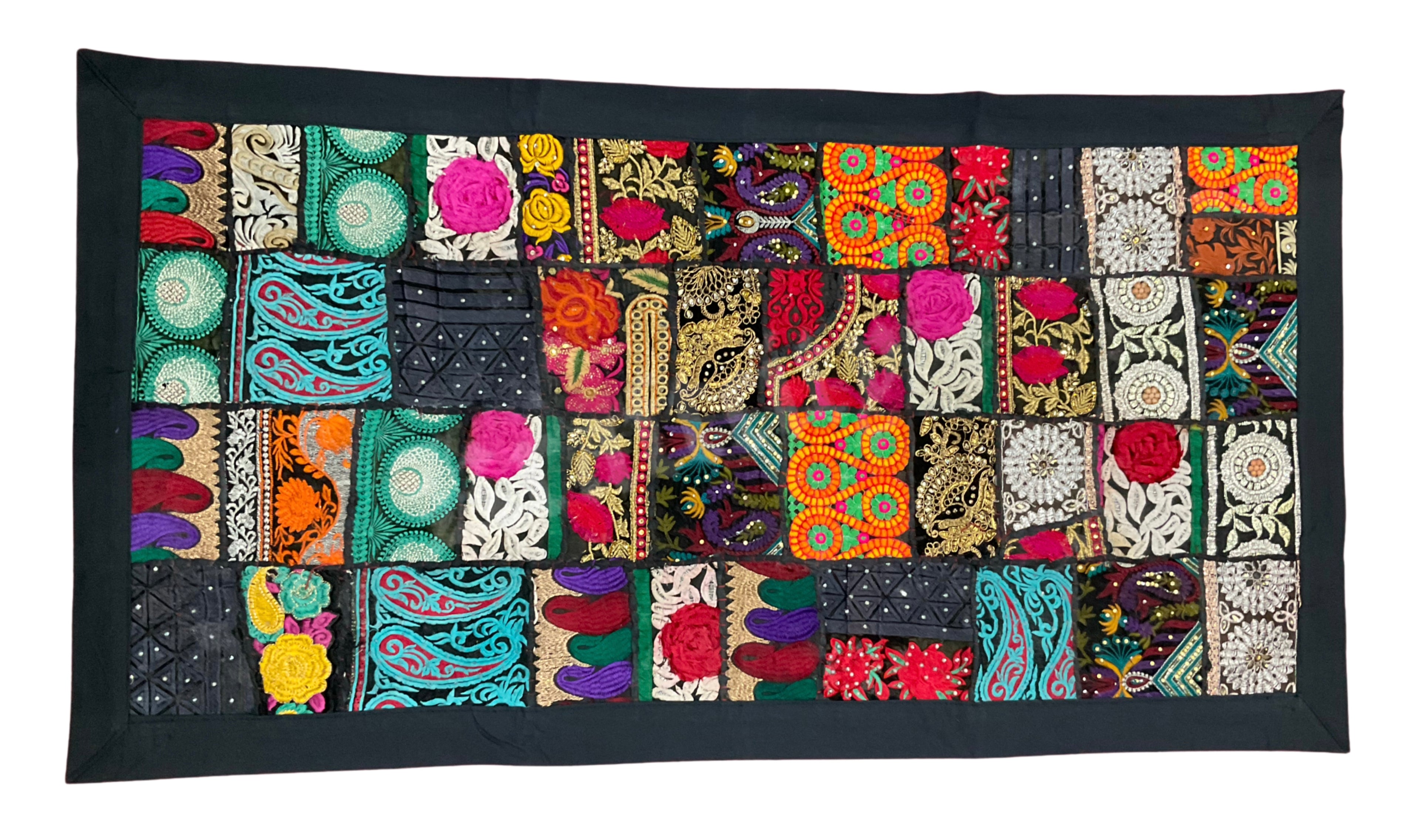 Colorful patchwork tapestry with sequins and beads for gallery wall"