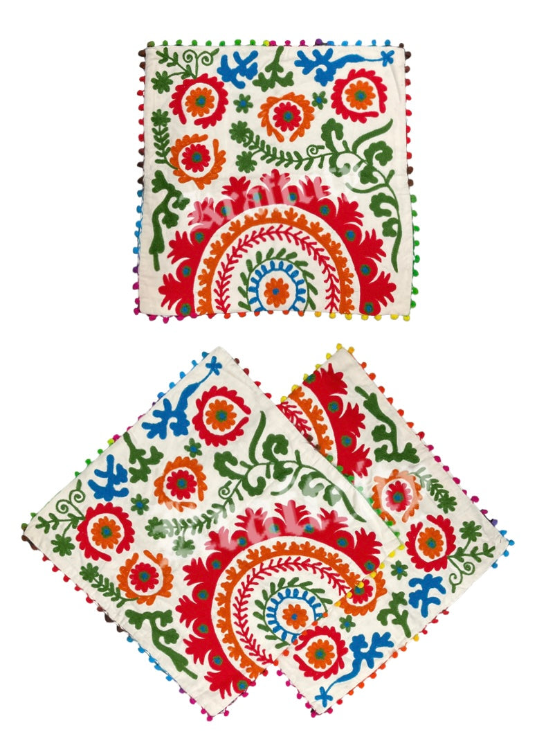 Vintage Inspired Hand-Embroidered Suzani Cushion Cover | 20" x 20" | Multi-Color Floral & Arch Design