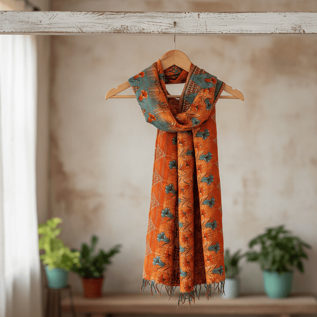 One-of-a-Kind Orange Kantha Scarf | Sustainable Artisan Fashion (Sunset & Spice Edition)