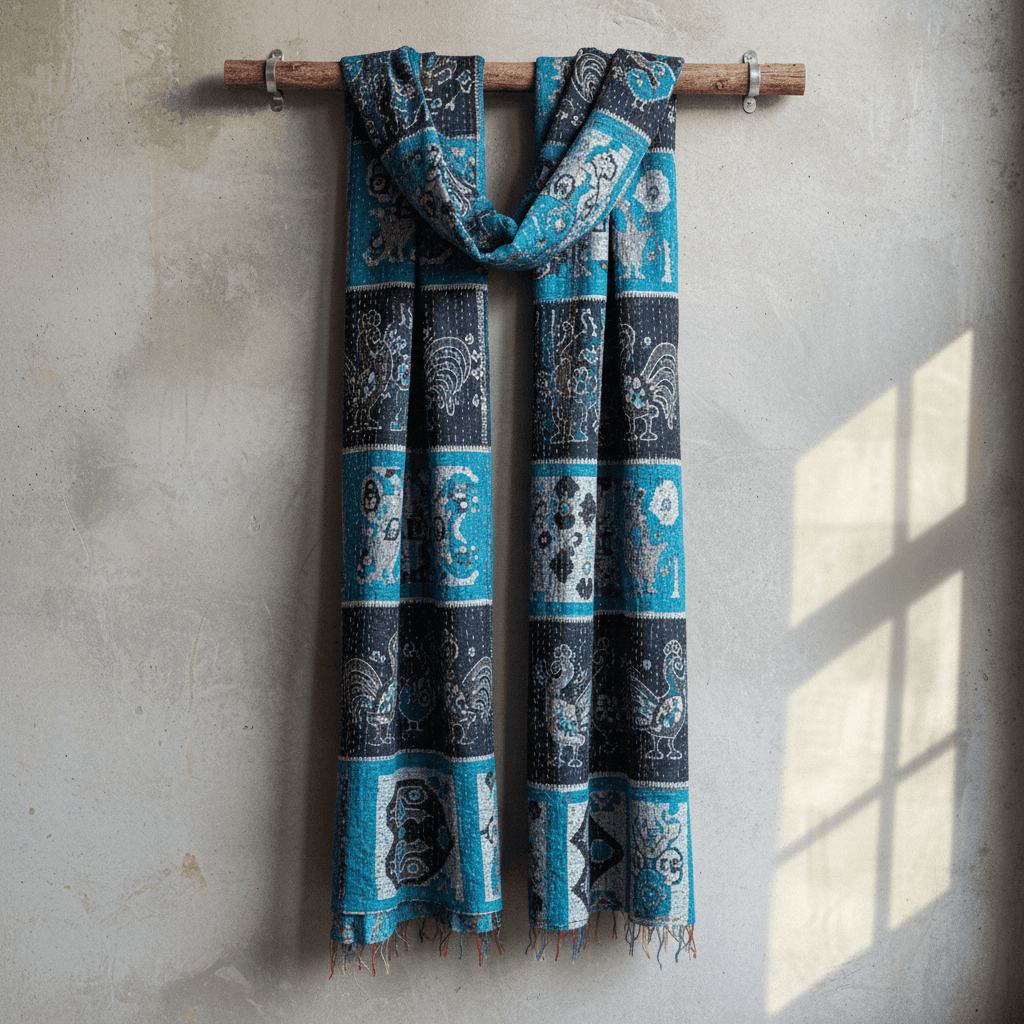 One-of-a-Kind Blue Kantha Scarf | Hand-Embroidered Sustainable Fashion | The Blue Collection
