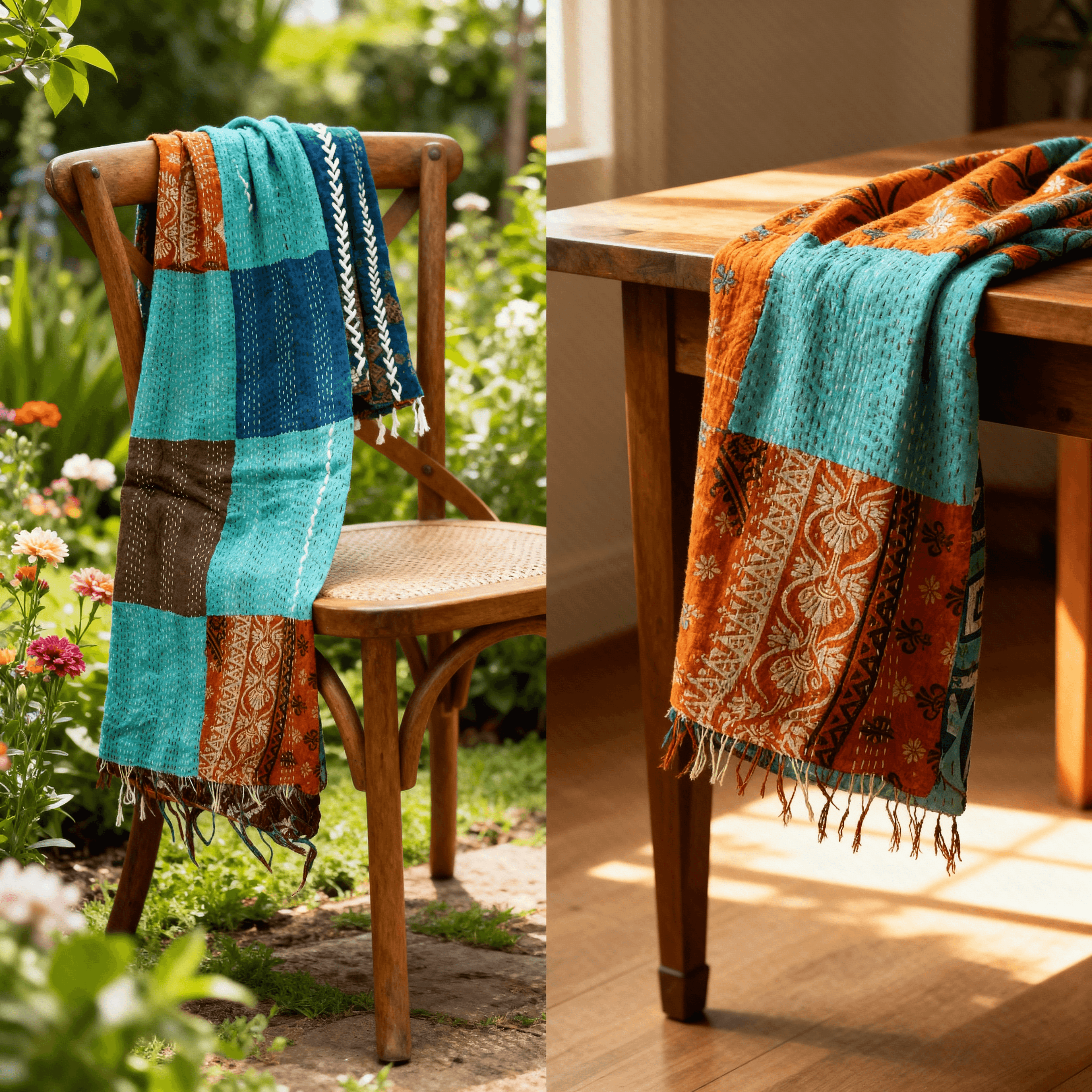 One-of-a-Kind Blue Kantha Scarf | Hand-Embroidered Sustainable Fashion | The Blue Collection