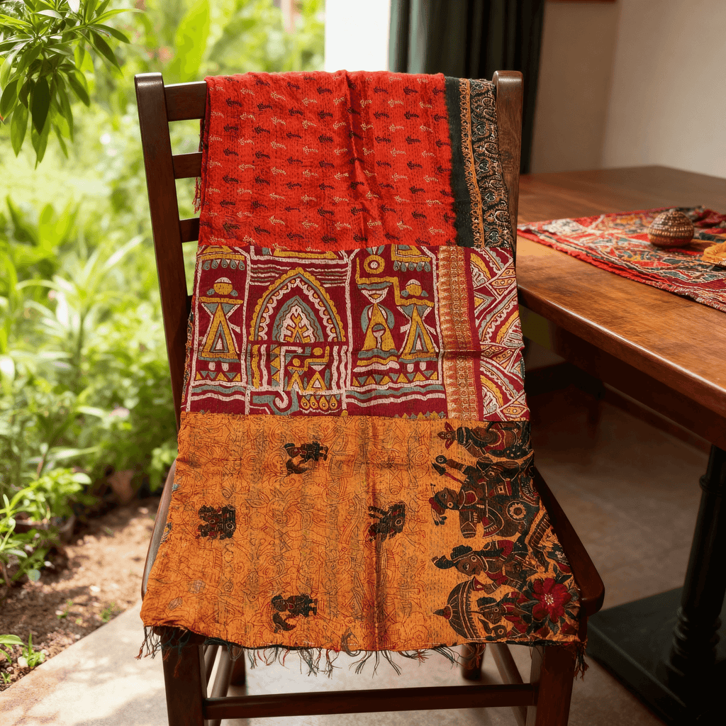 One-of-a-Kind Orange Kantha Scarf | Sustainable Artisan Fashion (Sunset & Spice Edition)